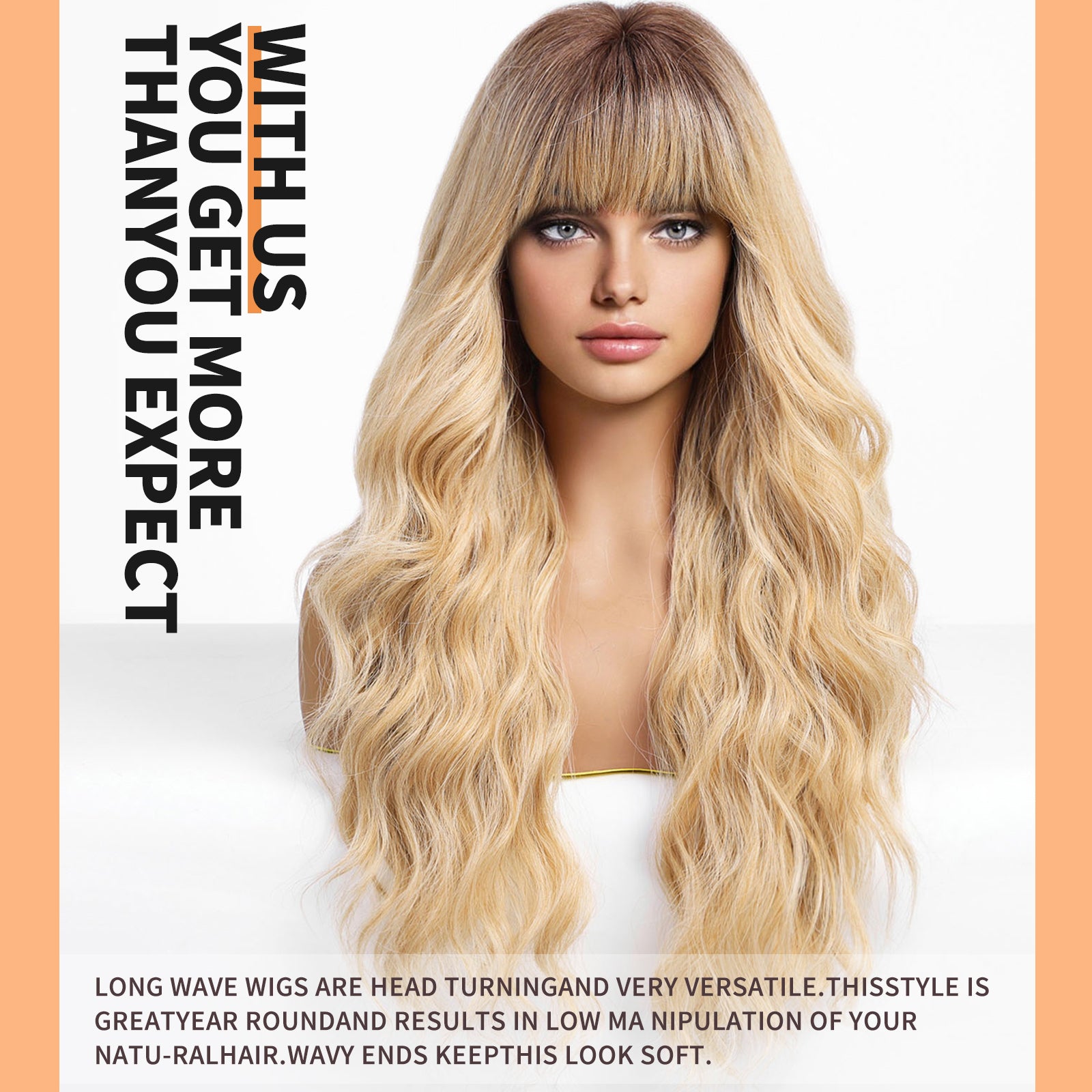 Blonde Wigs with Bangs,Ombre Blonde Long Wavy Wig for Women,Long Curly Wigs Synthetic Hair Wig for Party Cosplay Daily Use 26IN