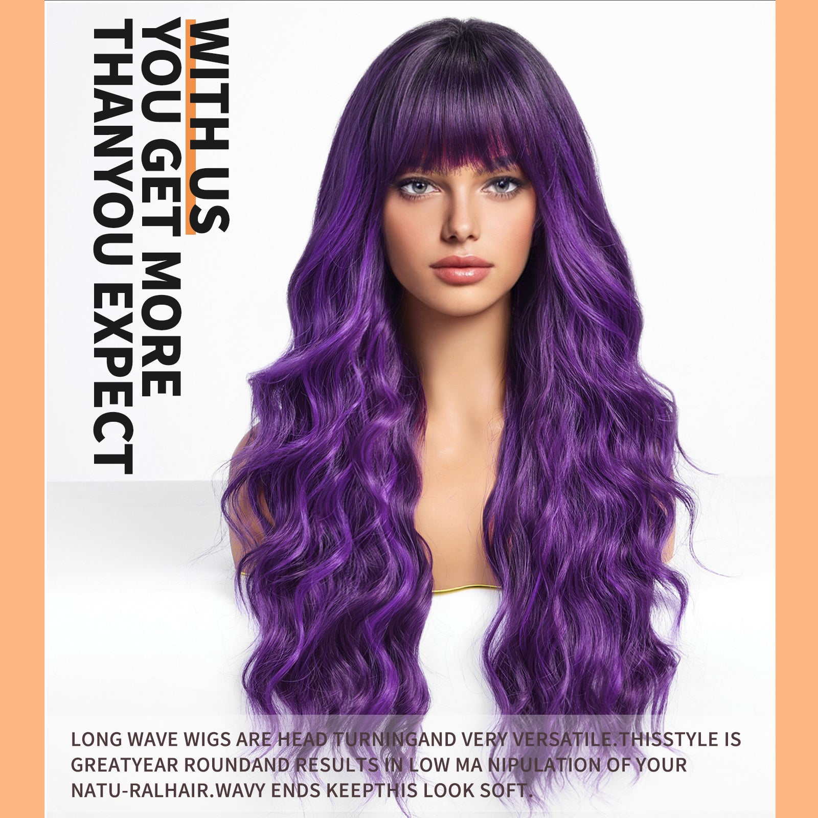 Purple Wigs with Bangs,Long Purple Wig for Women,Long Curly Wigs Synthetic Hair Wig for Party Cosplay Daily Use 26IN