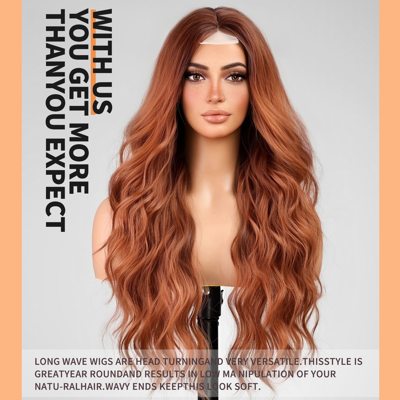 KOME Orange Wig,Long Copper Wavy Wig for Women,Lace Front Middle Part Curly Wavy Wig,Natural Looking Synthetic Heat Resistant Fiber Wig for Daily Party Use 26IN