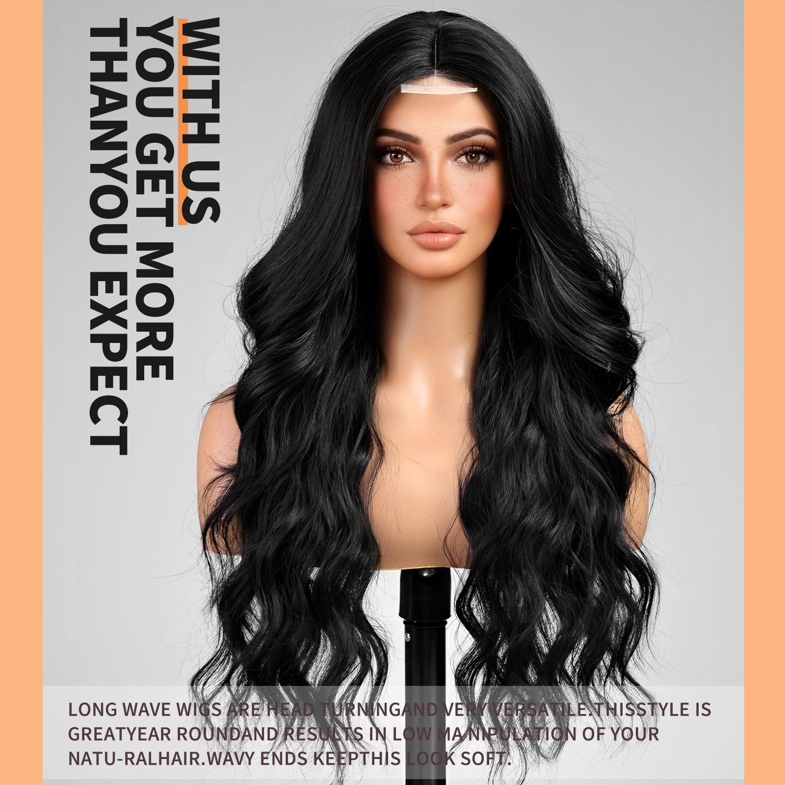 KOME Black Wig,Black Wigs for Women,Lace Front Middle Part Long Wavy Wig Curly Synthetic Hair Wig for Party Daily Use 26IN