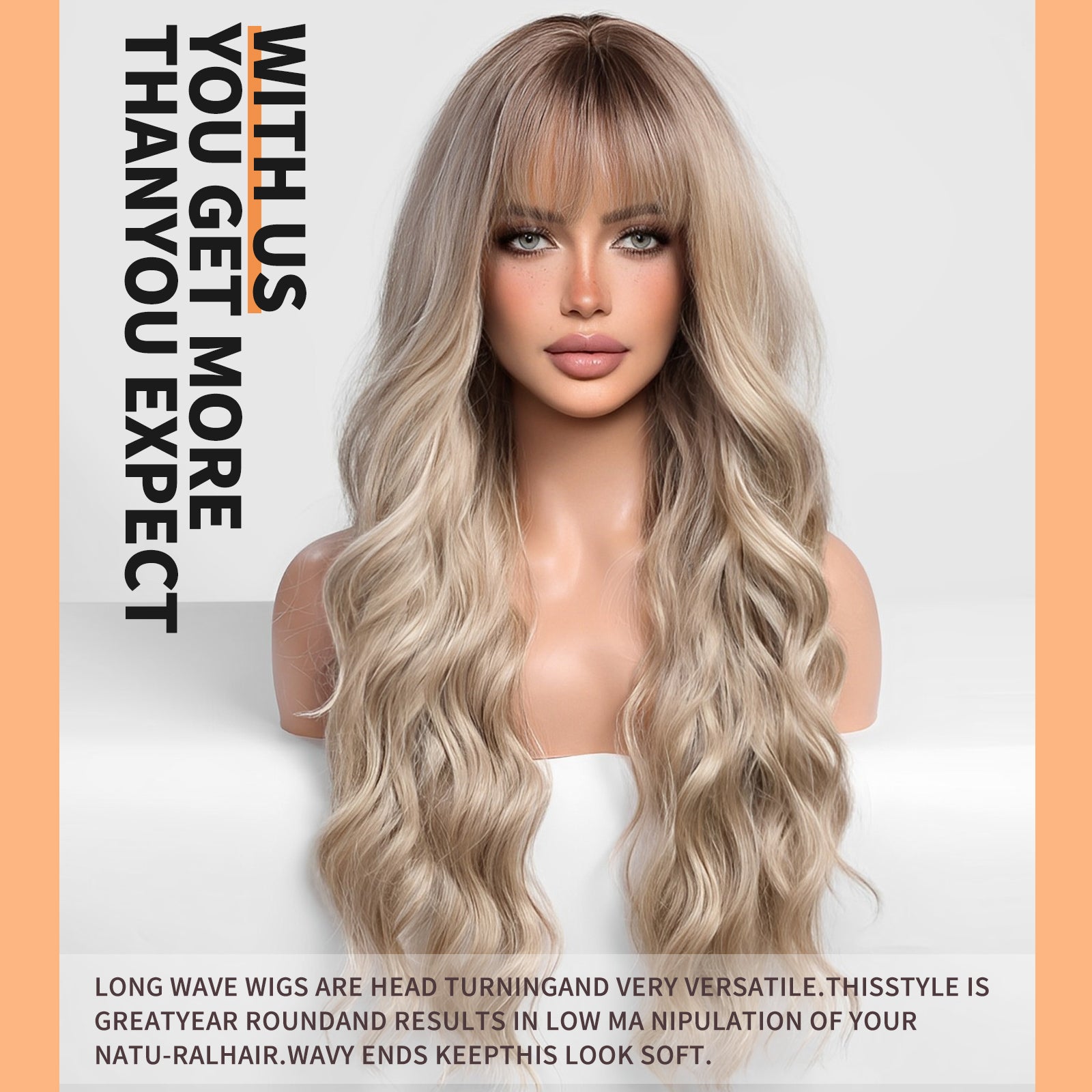 Ombre Dirty Blonde Wigs with Bangs,Ash Blonde Long Wavy Wig for Women,Long Curly Synthetic Hair Wig for Party Daily Use 26IN