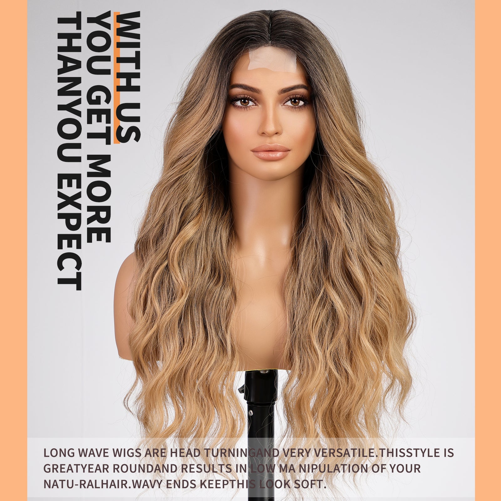 KOME Long Ombre Blonde Highlight Wavy Wig for Women, Blonde mixed Brown Wigs Lace Front Middle Part Curly Wavy Wig,Synthetic Heat Resistant Fiber Wig for Daily Party Use 26IN