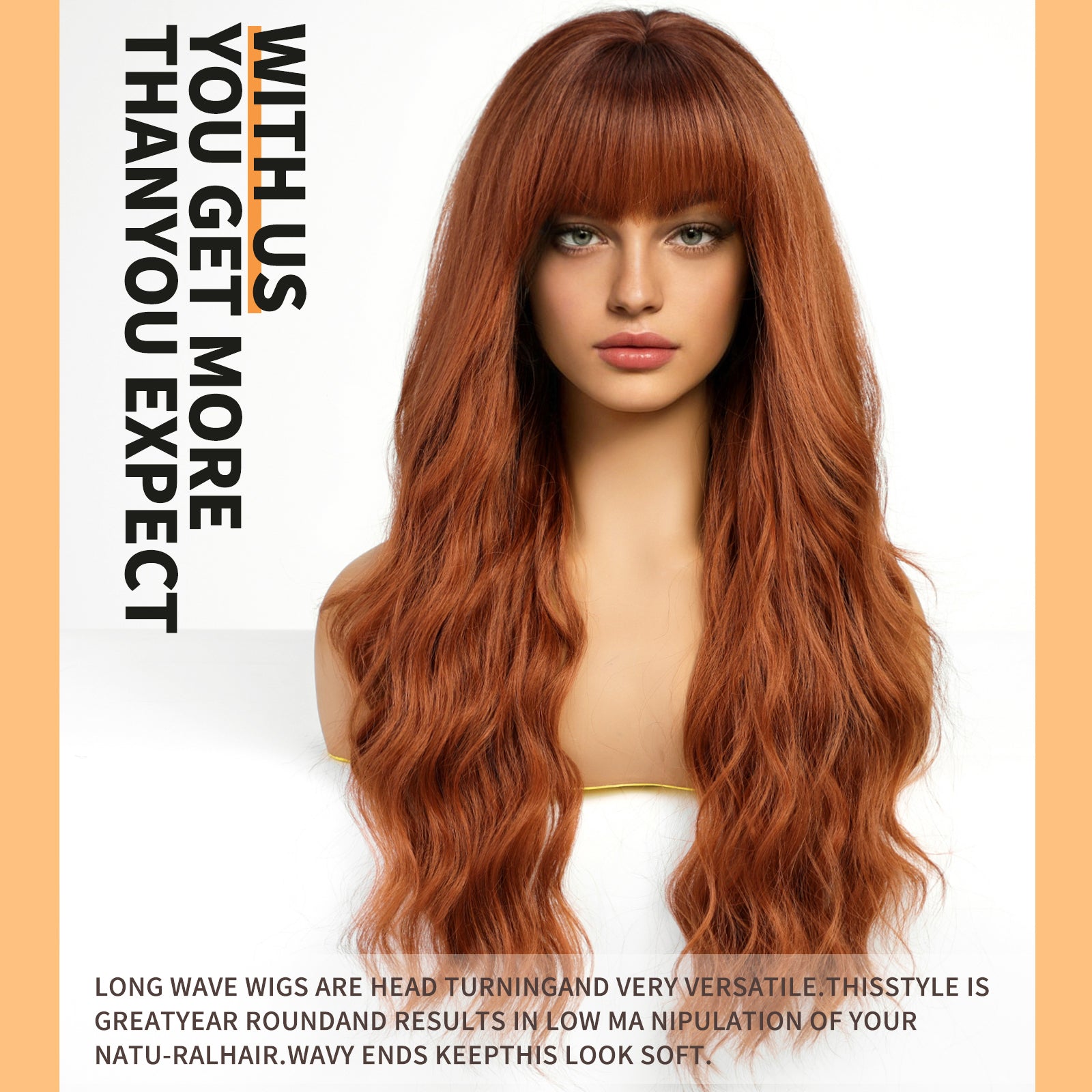 Orange Wigs with Bangs,Ginger Long Wavy Wig for Women,Long Curly Synthetic Hair Wig for Party Daily Use 26IN