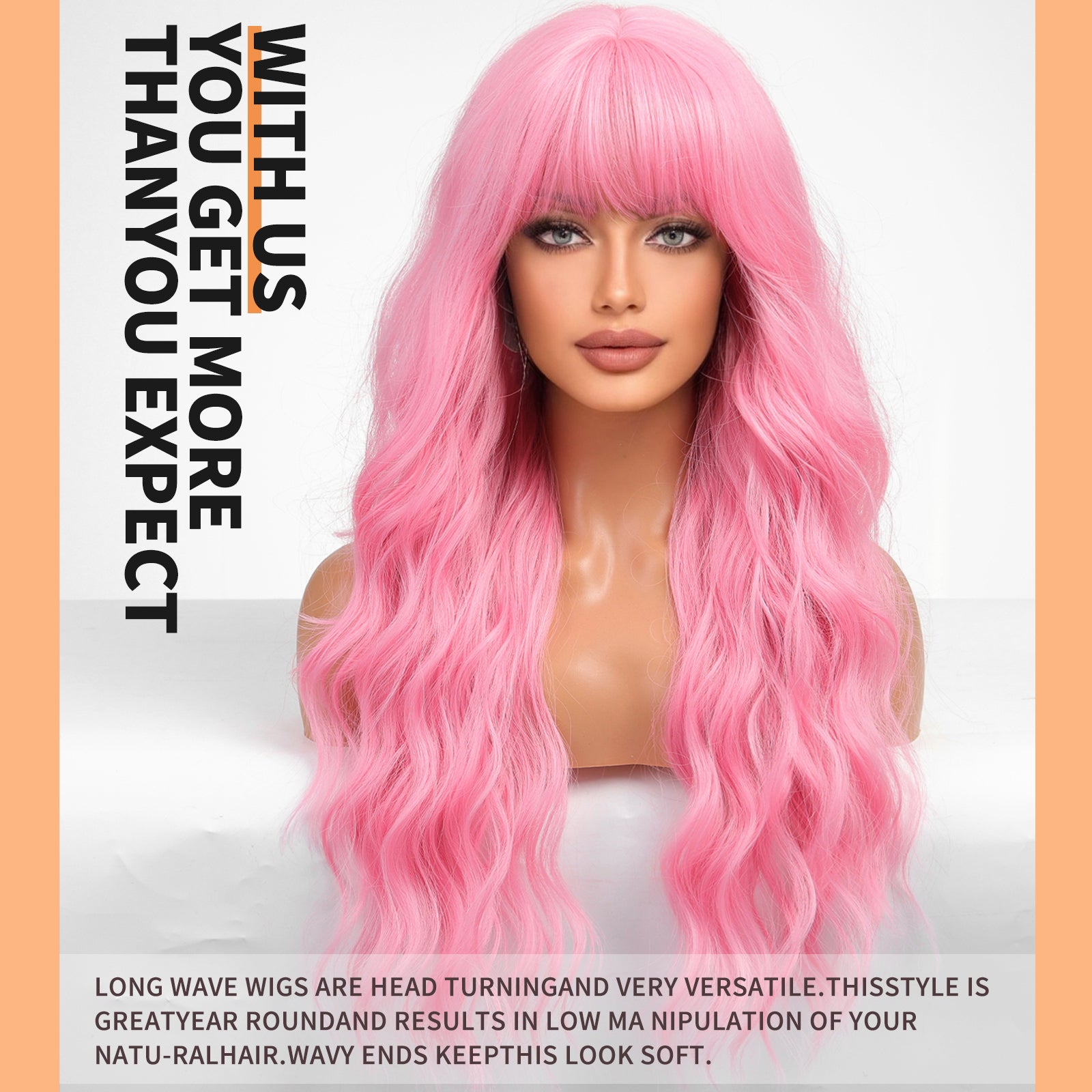 Pink Wig- Long Pink Wavy Wigs for Women,Pastel Pink Wig with Bangs,Natural Curly Synthetic Wig for Party Cosplay Daily Use 26IN