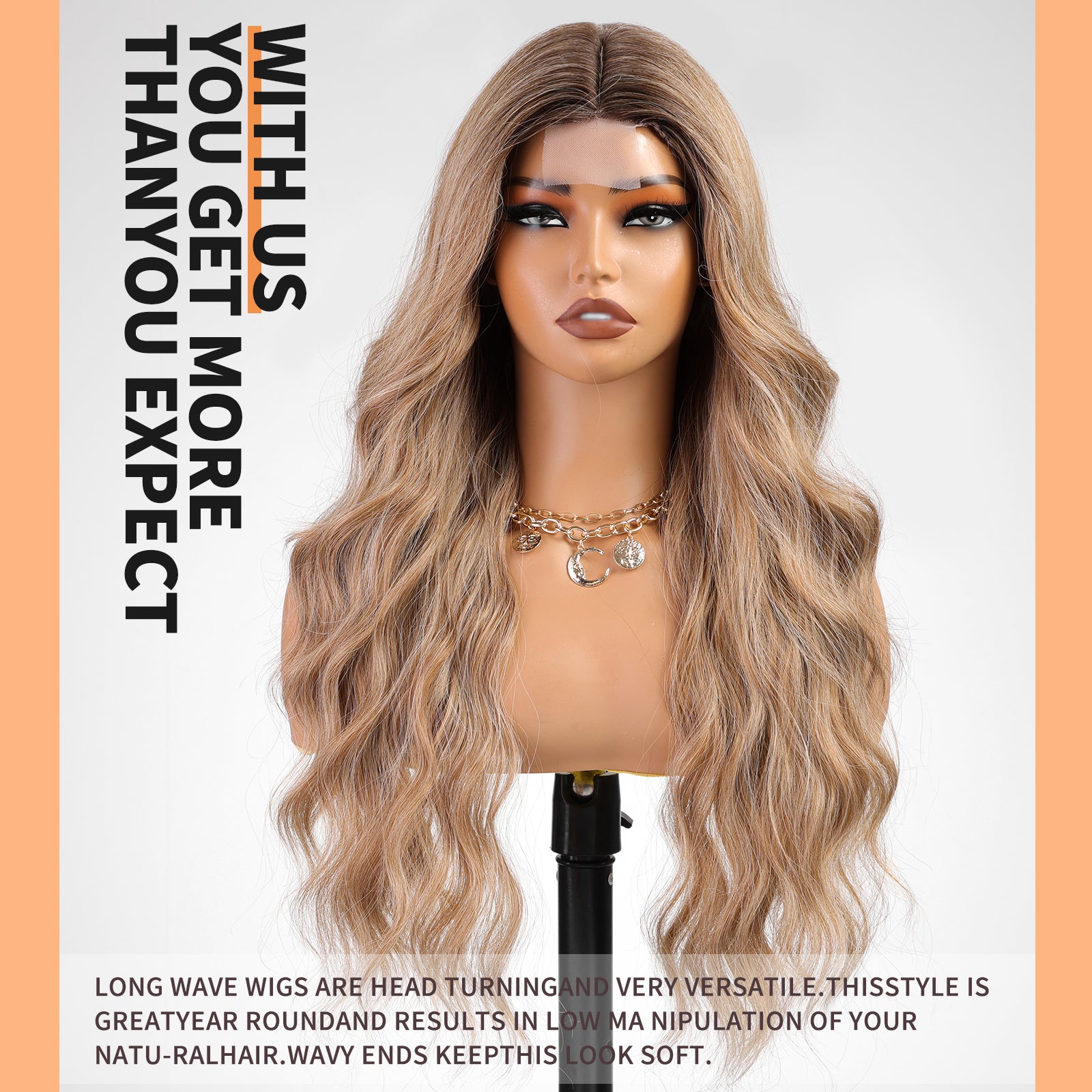 KOME Ash Brown Wig for Women,Honey Brown Highlight Wigs Lace Front Middle Part Curly Wavy Wig,Synthetic Heat Resistant Fiber Wig for Daily Party Use 26IN