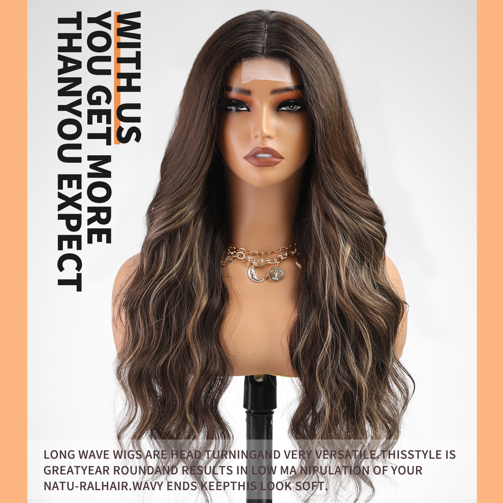 KOME Dark Brown Wig for Women,Brown Highlight Wigs Lace Front Middle Part Curly Wavy Wig,Synthetic Heat Resistant Fiber Wig for Daily Party Use 26IN