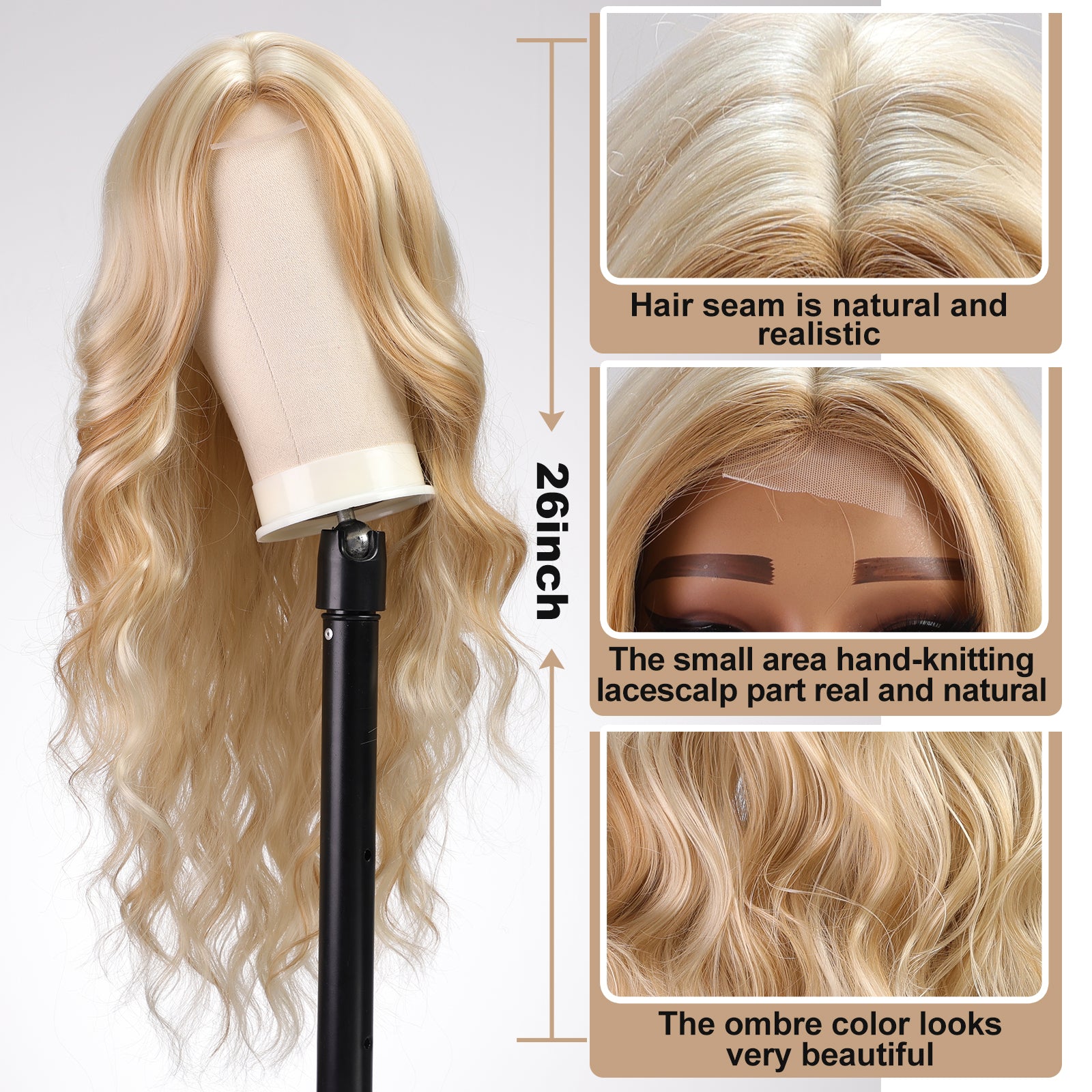 KOME Light Blonde Wig for Women,613 Blonde mixed Wigs Lace Front Middle Part Curly Wavy Wig,Synthetic Heat Resistant Fiber Wig for Daily Party Use 26IN