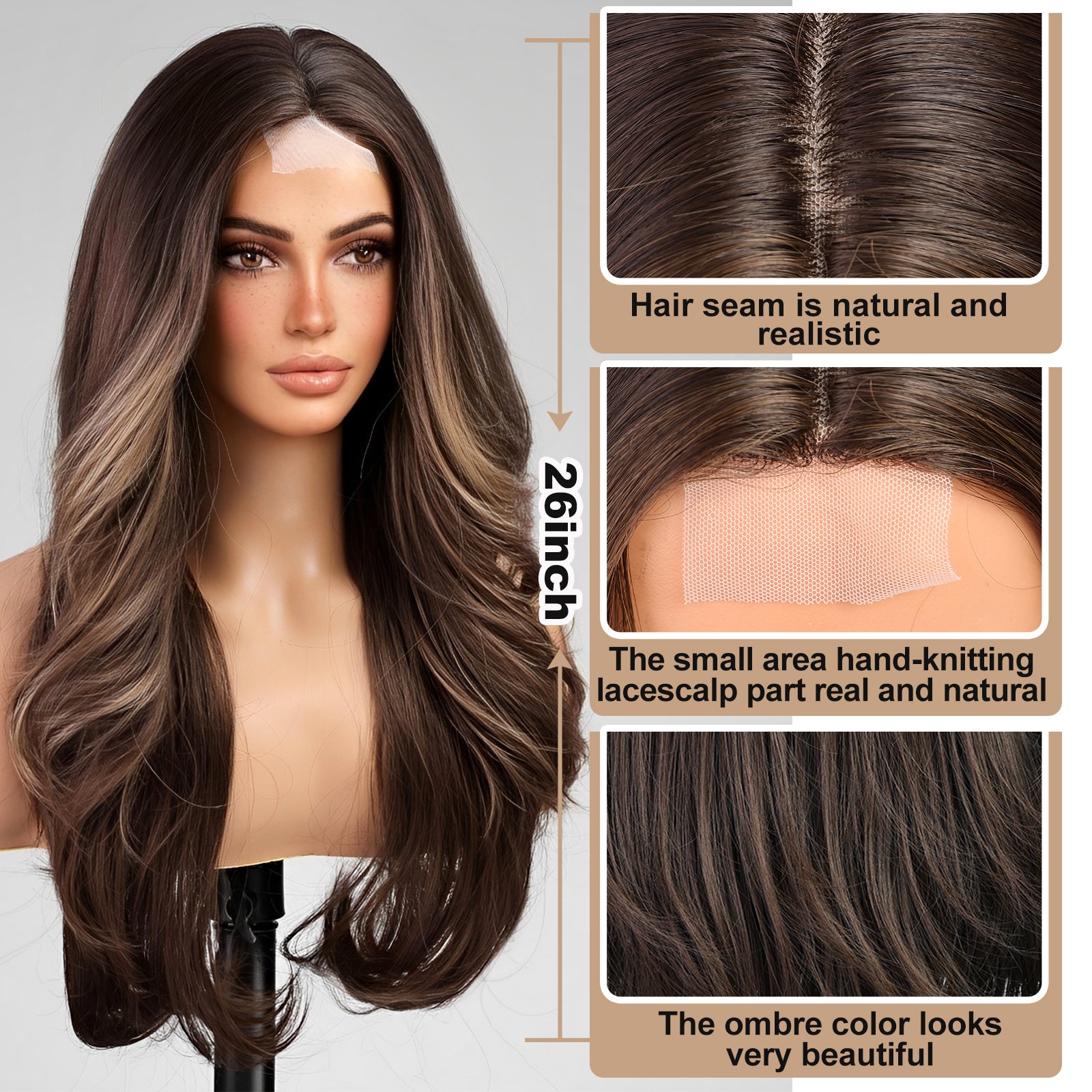 Ombre Brown Long Layered Wig with Bangs,Straight Hair Wigs for Women,Synthetic Heat Resistant Natural Looking Hair Wig for Party Cosplay Dality Use