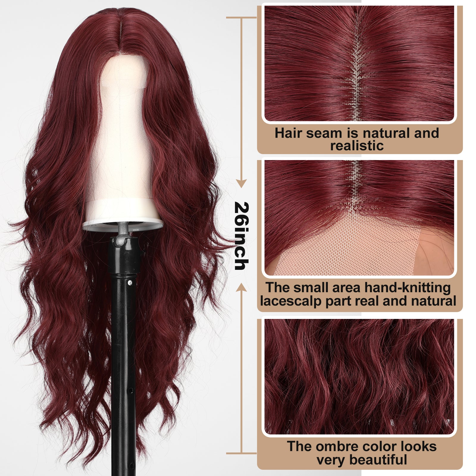 KOME Red Wig,Long Burgundy Wavy Wig for Women,Lace Front Middle Part Curly Wavy Wig,Natural Looking Synthetic Heat Resistant Fiber Wig for Daily Party Use 26IN…