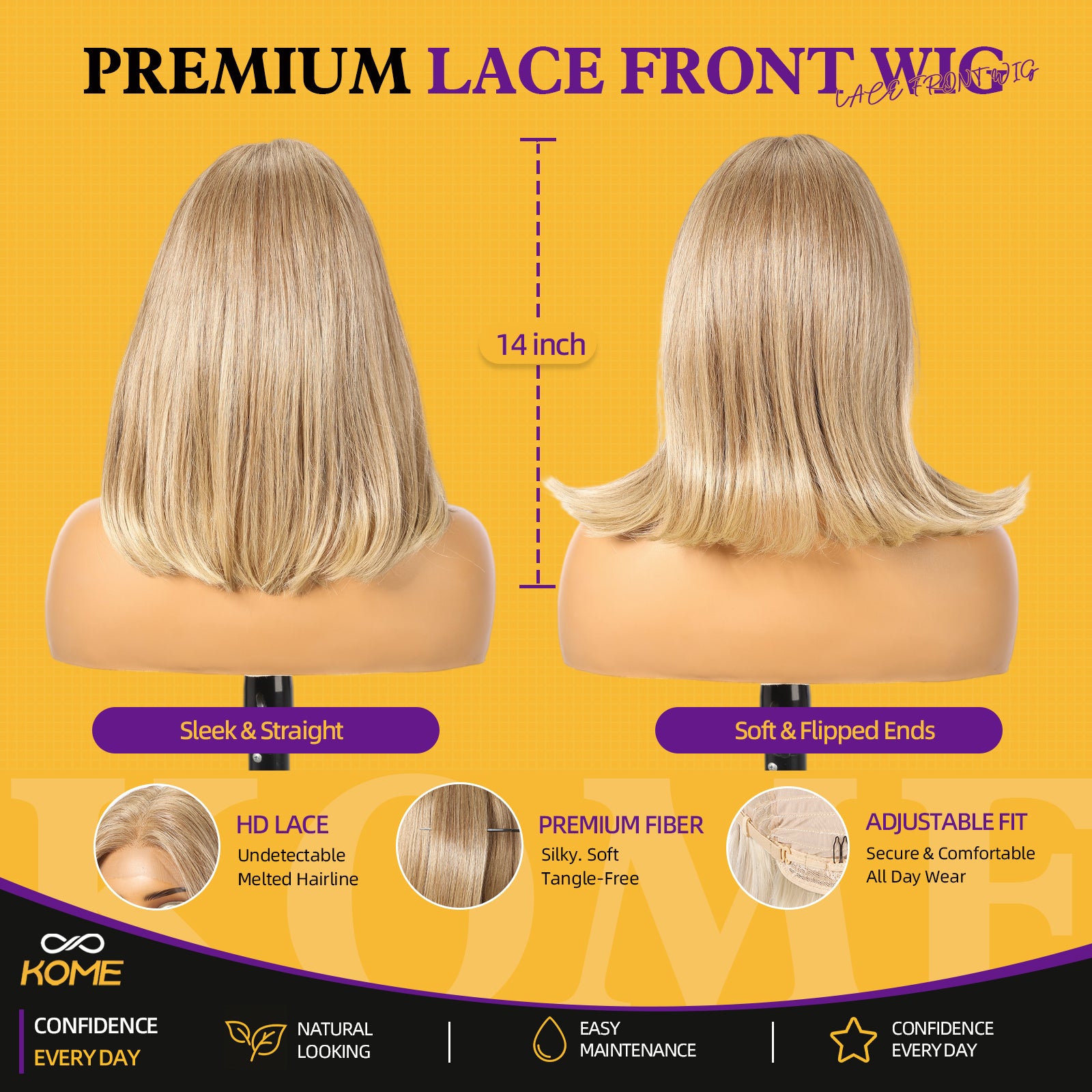 KOME Blonde Highlight Bob 13×6 Synthetic Lace Front Wig for Women 14IN