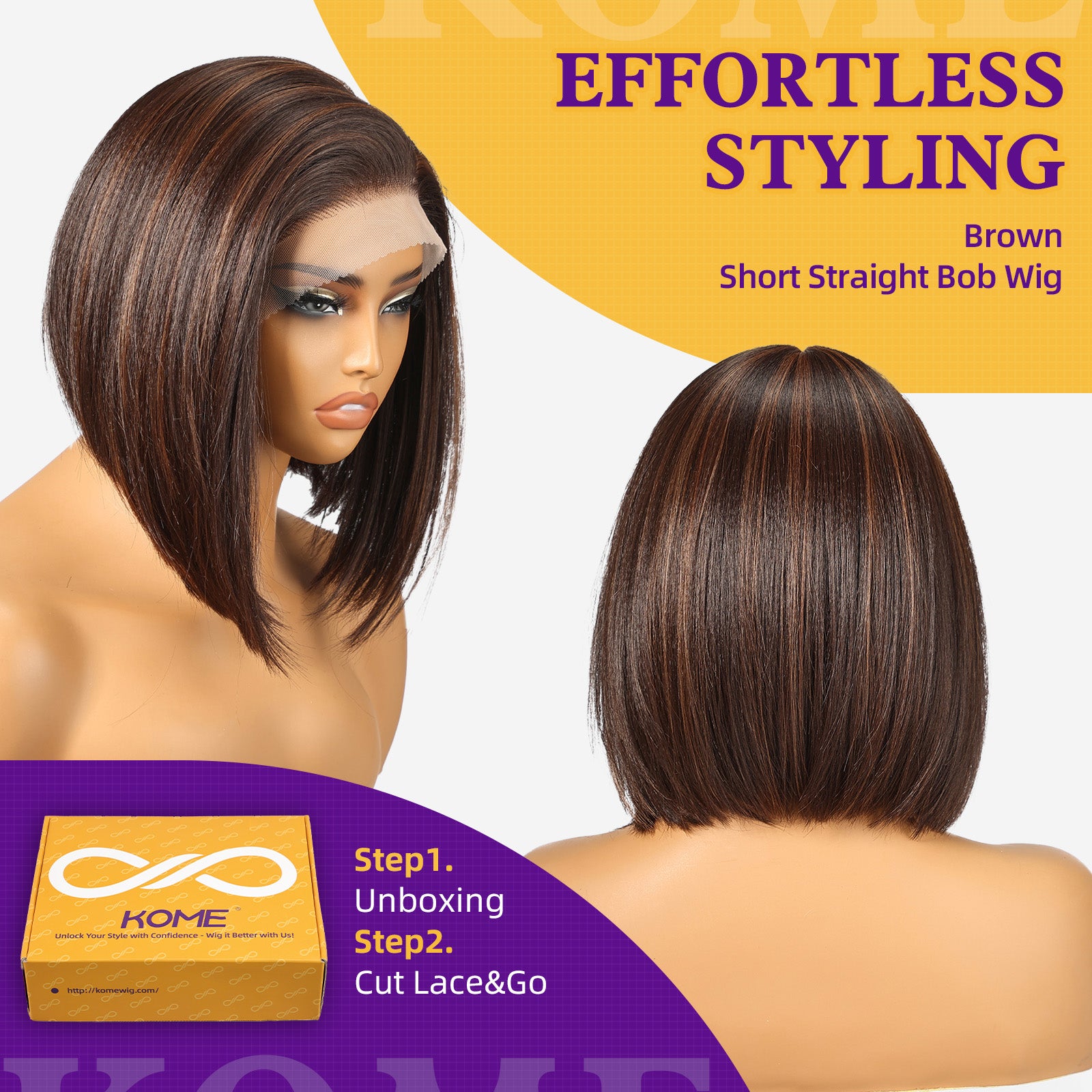 KOME Brown Highlight Synthetic Lace Front Wig,13×6 Short Straight Glueless Bob Wig for White Women Daily Use 10IN