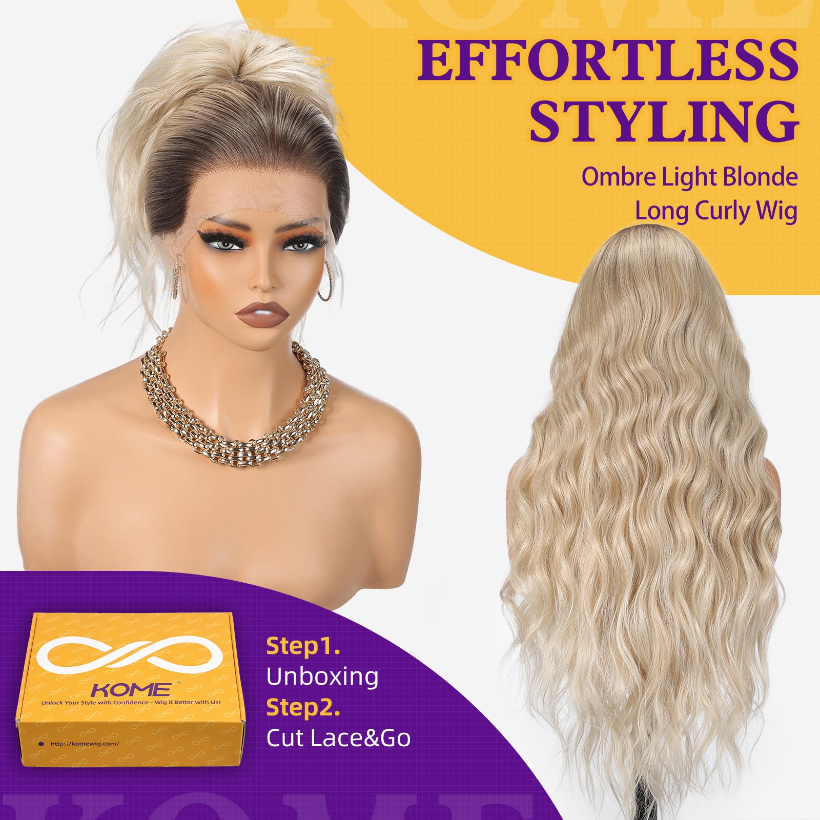 Ombre Light Blonde Synthetic Lace Front Wig,13×6 Curly Glueless Wigs for Women Daily Use 30IN