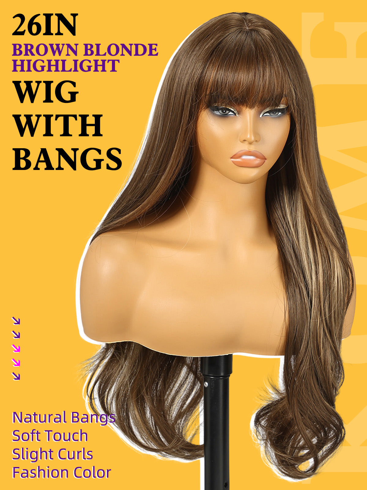 Brown Blonde Highlight Wigs with Bangs,Brown Layered Wig for Women,Long Wavy Wigs Synthetic Hair Wig for Party Daily Use 26IN