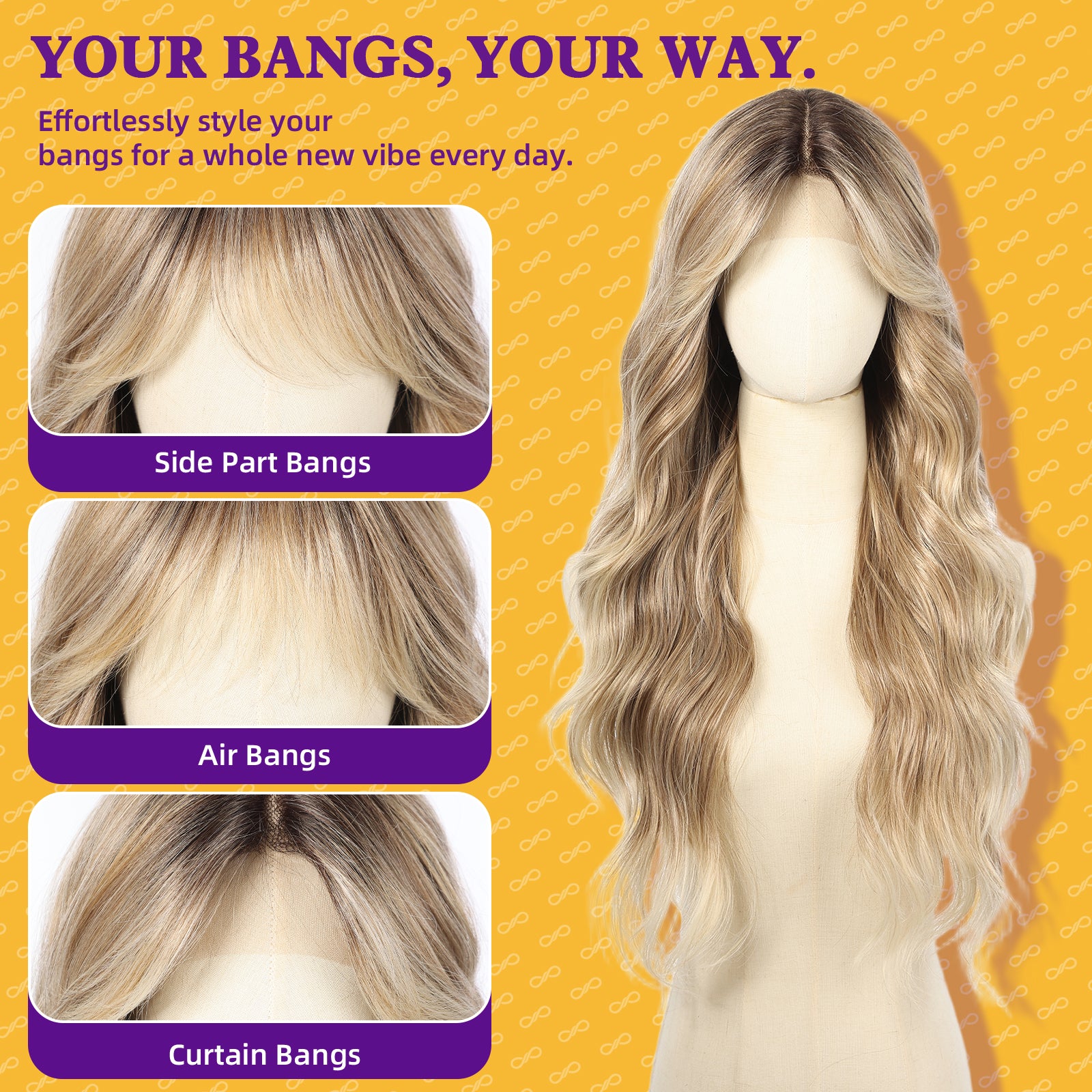 KOME Ombre Blonde Synthetic Lace Front Wig,T Part Glueless Long Body Wavy Wigs With Bangs for Women Cosplay Daily Use 28IN