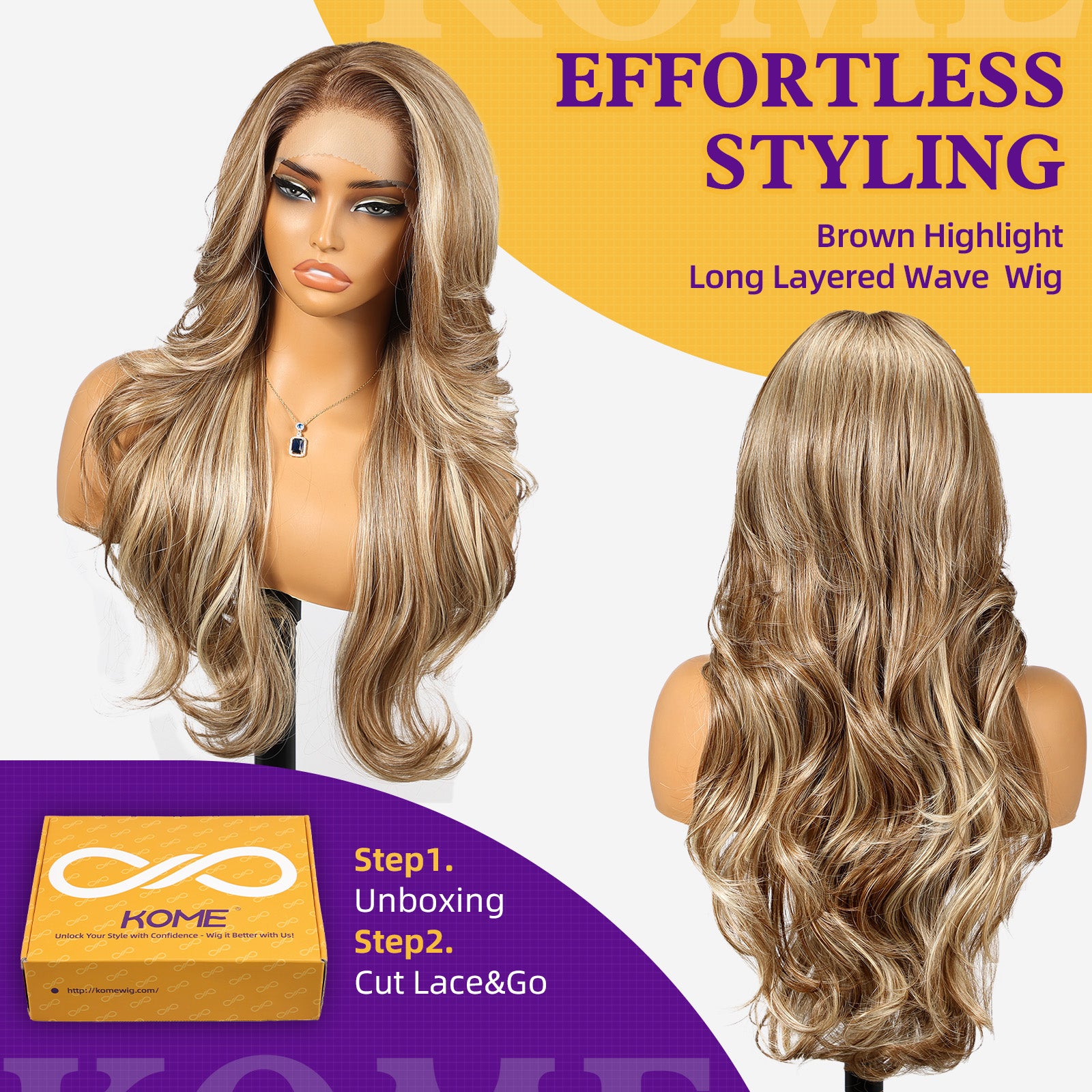 KOME Ash Blonde Highlight Synthetic Lace Front Wig,13x4 HD Lace Layered Wave Glueless Wigs for Women Daily Use 26IN