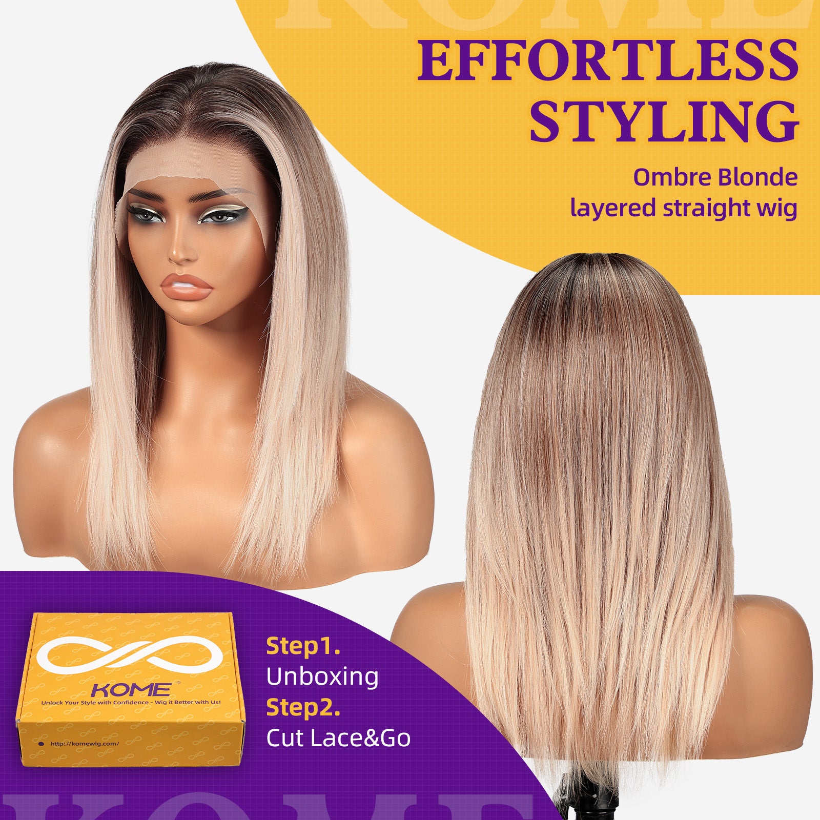 KOME Ombre Blonde Synthetic Lace Front Wig, Shoulder Length 13x6 HD Lace Layered Straight Glueless Wigs for Women Daily Use 16IN