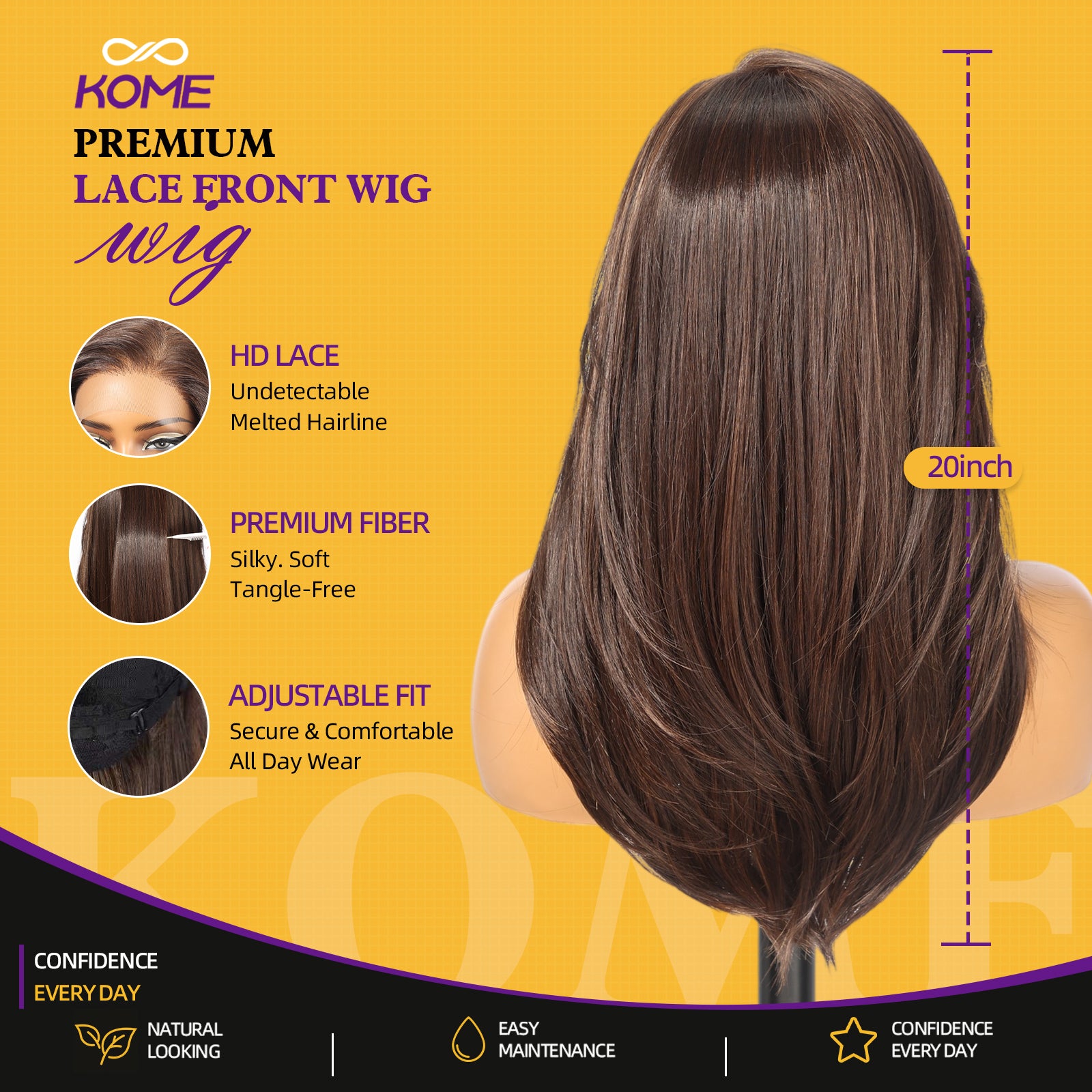 KOME Dark Brown Synthetic Lace Front Wig, 13X4 HD Lace Glueless Long Layered Straight Wigs for Women Daily Use 20IN （#FS4/30）