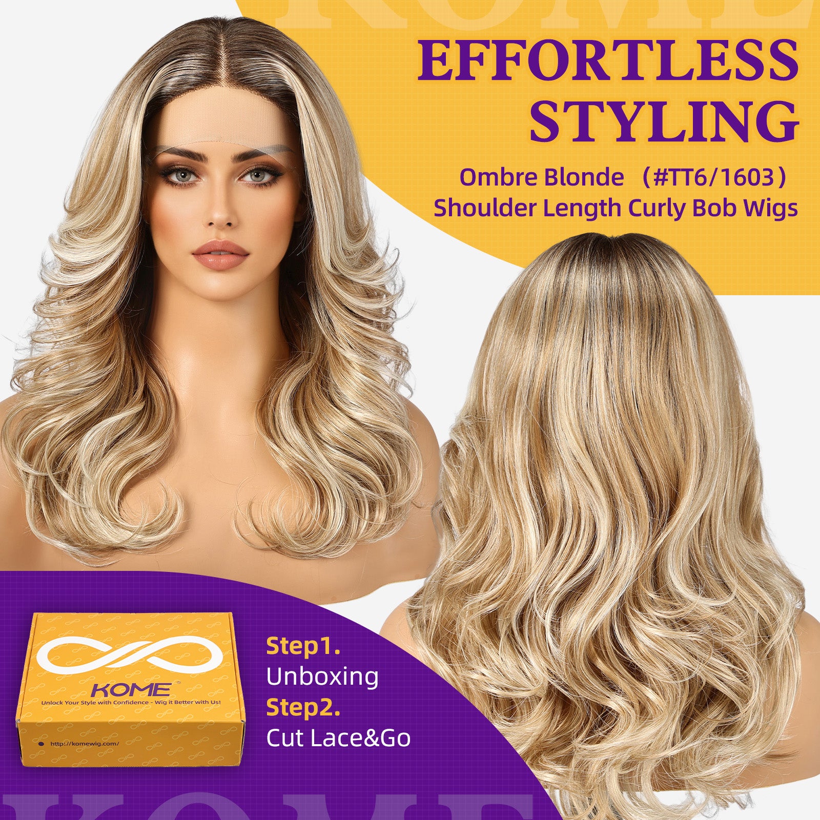 KOME Lobbi Ombre Blonde Synthetic Lace Front Wig,13X5X1 Glueless Shoulder Length Curly Bob Wigs for Women Daily Use 18IN（#TT6/1603）