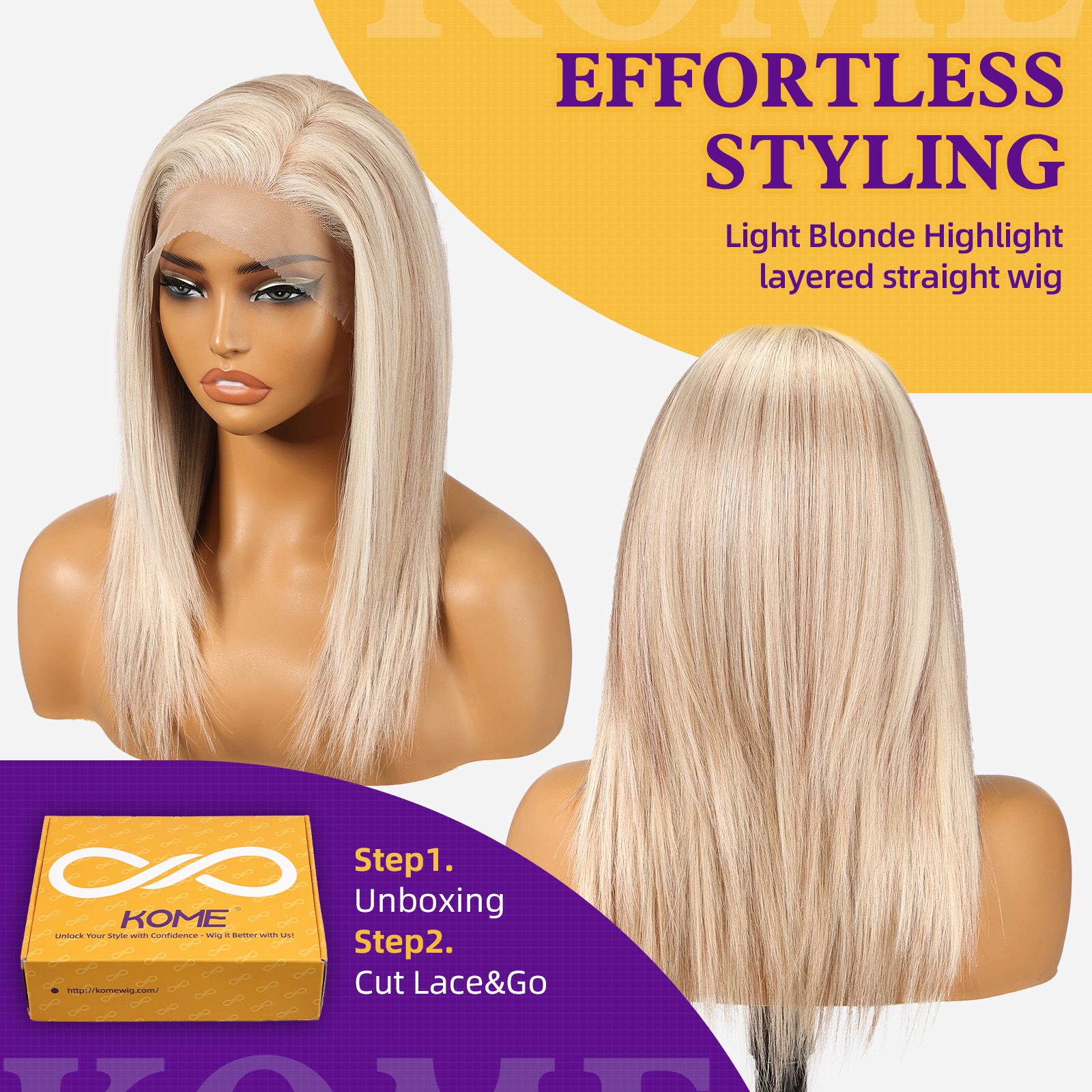 KOME Blonde Synthetic Lace Front Wig, Shoulder Length 13x6 HD Lace Layered Straight Glueless Wigs for Women Daily Use 16IN