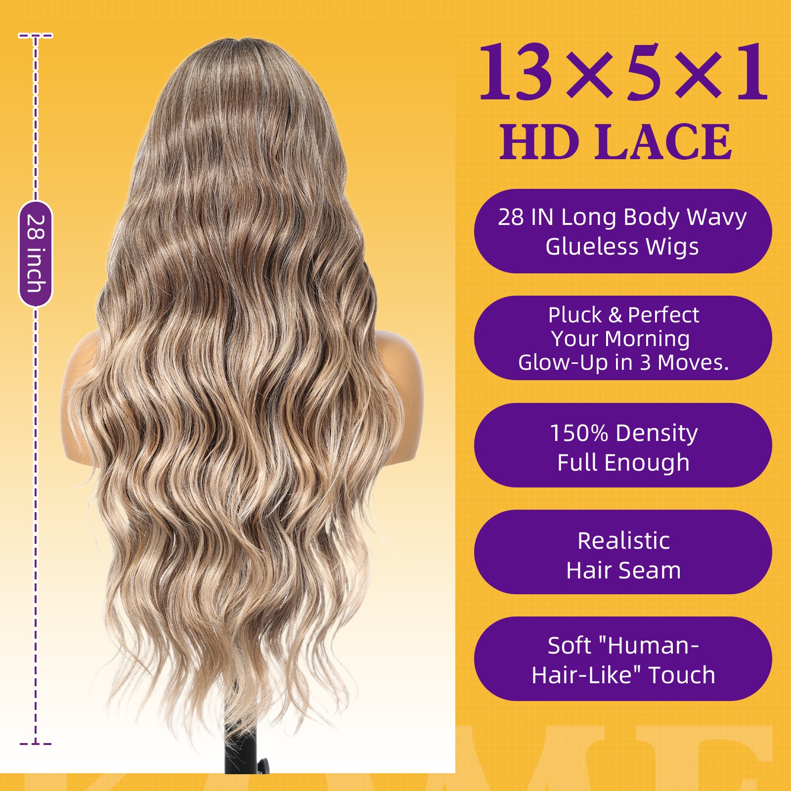KOME Brown Mixed Synthetic Lace Front Wig,T Part Glueless Long Body Wavy Wigs With Bangs for Women Cosplay Daily Use 28IN(#TT4/6164)