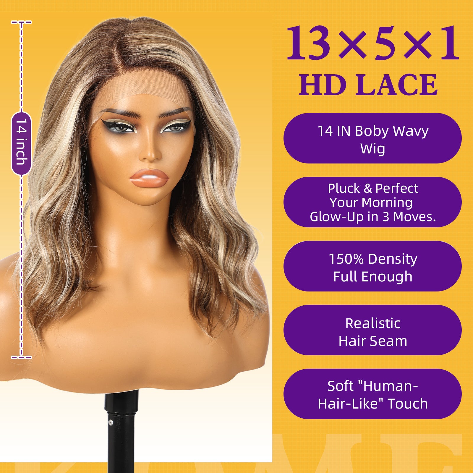 KOME Brown Highlight Synthetic Lace Front Wig,Side Part Short Curly Bob Wig,Shoulder Length Wig for Women Daily Use 16IN