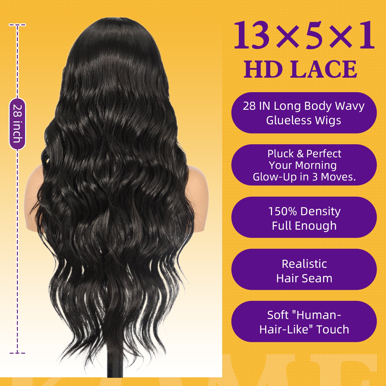 KOME Black Synthetic Lace Front Wig,T Part Glueless Long Body Wavy Wigs With Bangs for Women Cosplay Daily Use 28IN(#1B)