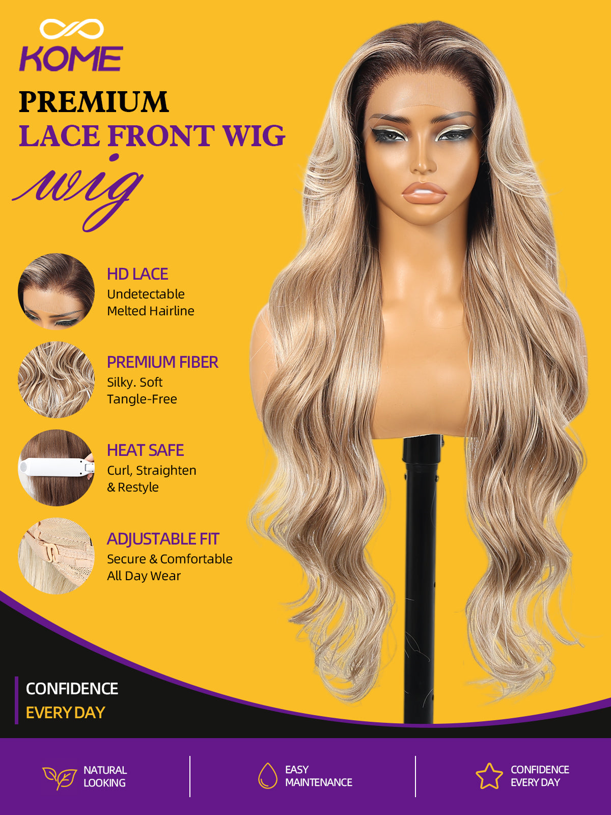 KOME Ombre Blonde Synthetic Lace Front Wig,13x4 HD Lace Glueless Long Body Wavy Curly Wigs for Women Daily Party Use 30IN(#K16B88)