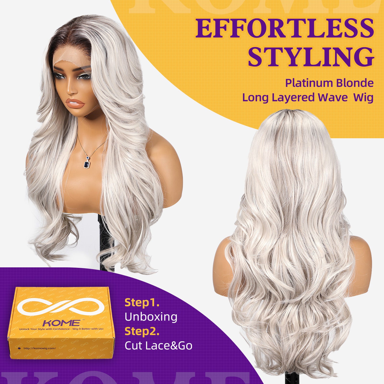 KOME Platinum Blonde Synthetic Lace Front Wig,13x4 HD Lace Layered Wave Glueless Wigs for Women Daily Use 26IN