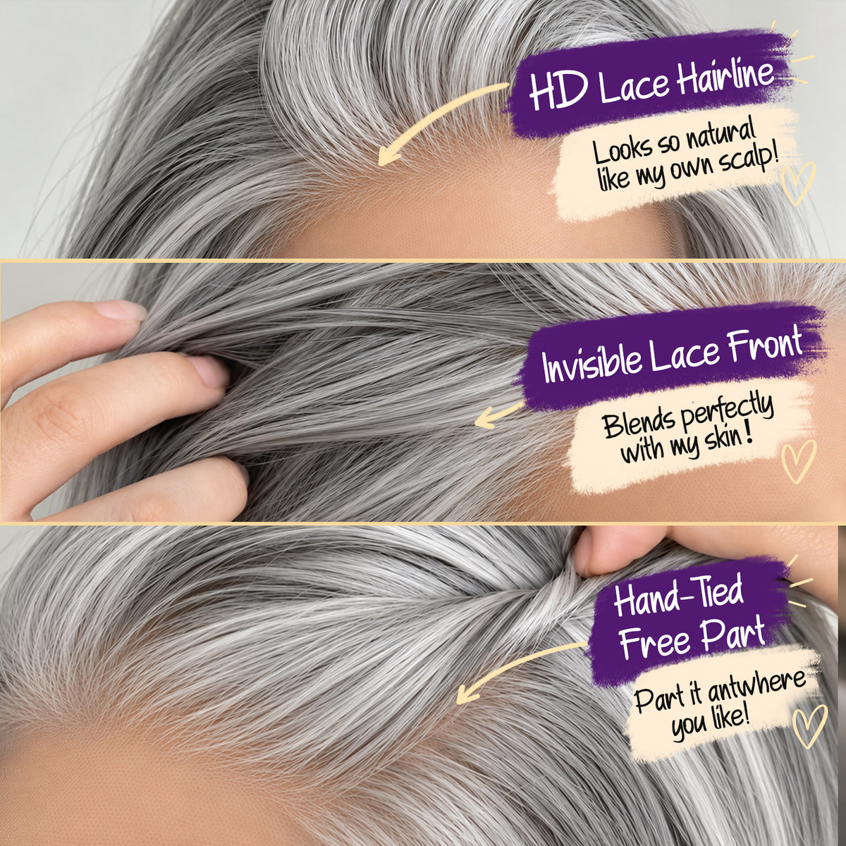 KOME Grey Layered Straight 13x6 Synthetic Lace Front Wig for Women 16IN