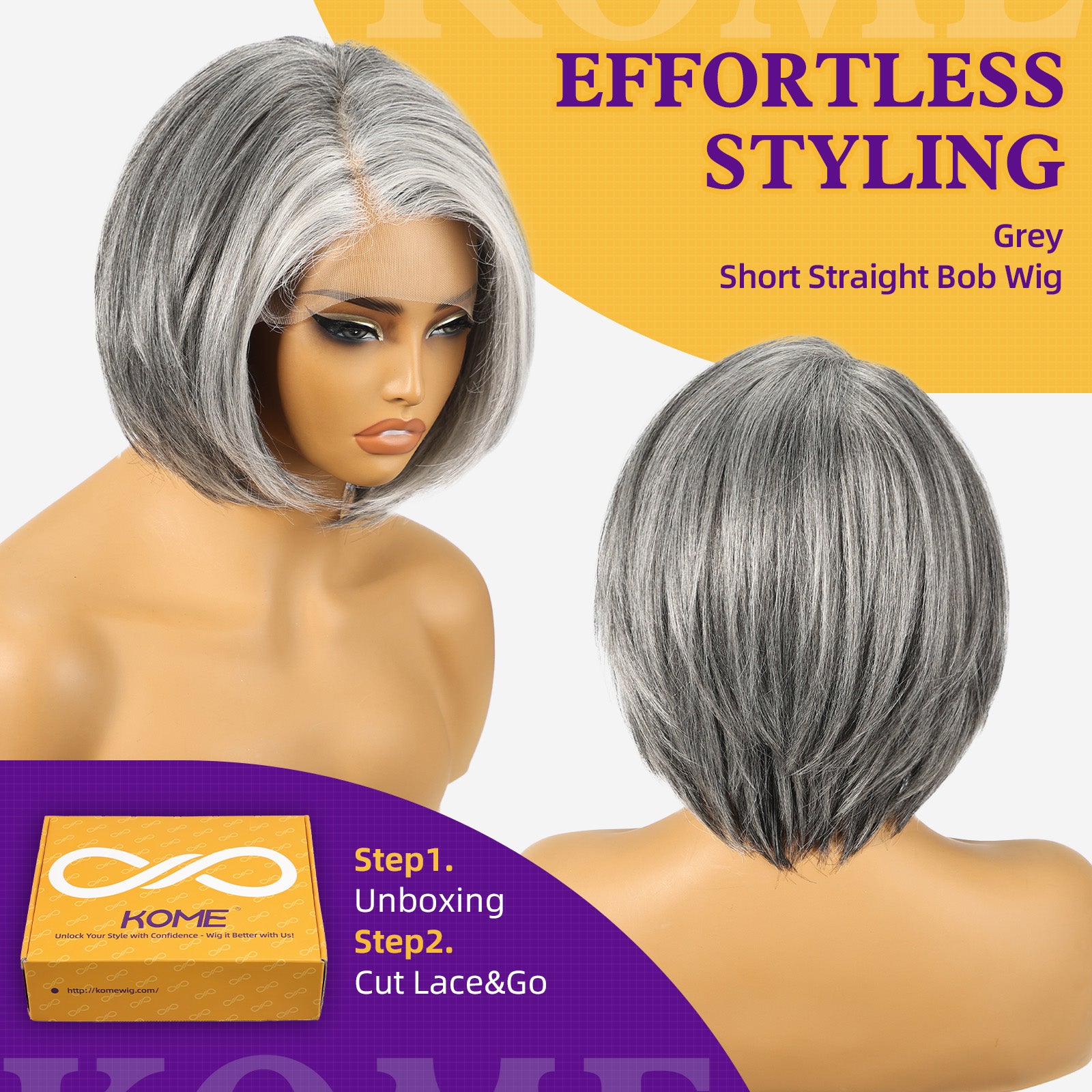 KOME Grey Synthetic Lace Front Wig,Silver Side Part Short Straight Glueless Bob Wigs for White Women Daily Use 10IN (#2/60HL)