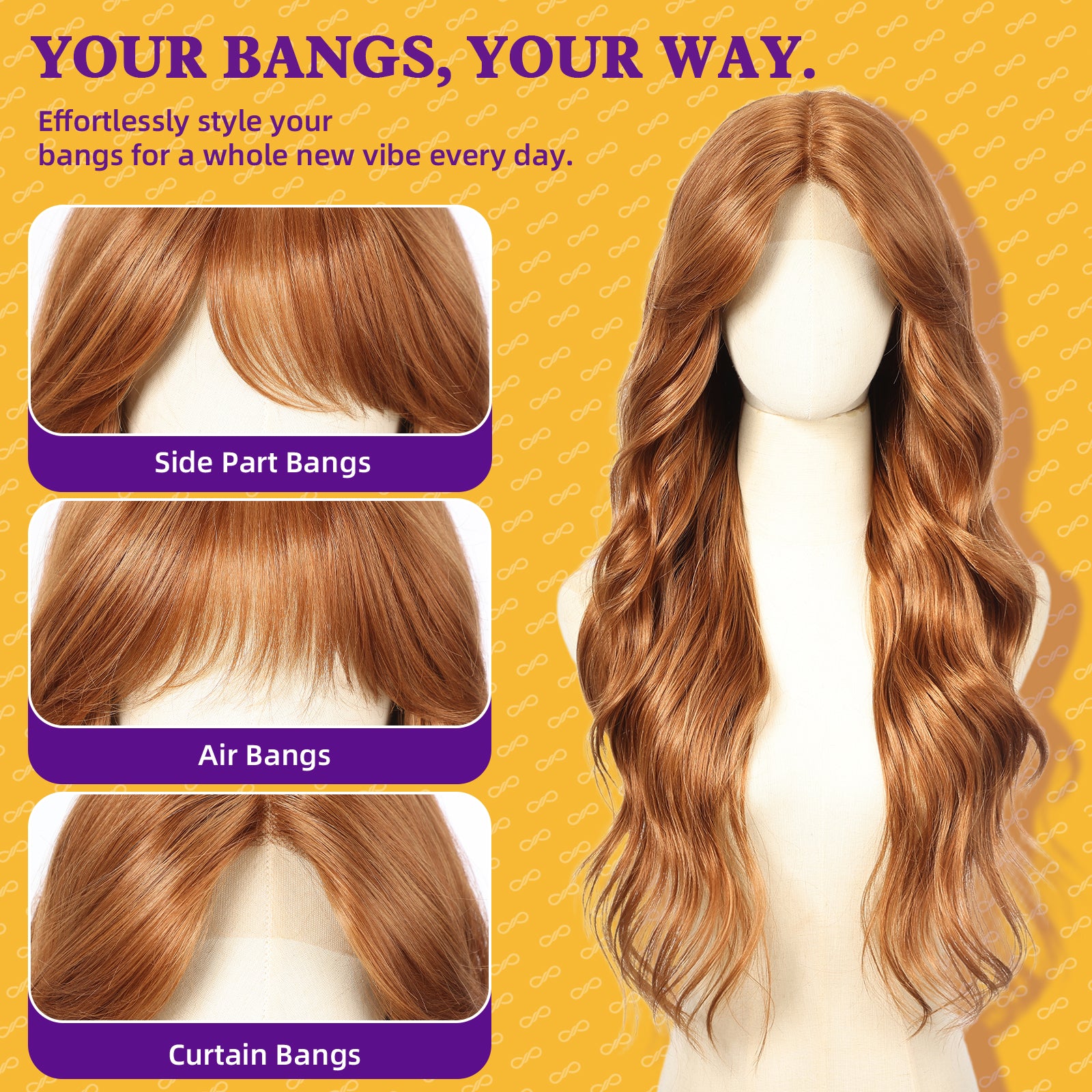 KOME Reddish Brown Synthetic Lace Front Wig,T Part Glueless Long Body Wavy Wigs With Bangs for Women Cosplay Daily Use 28IN