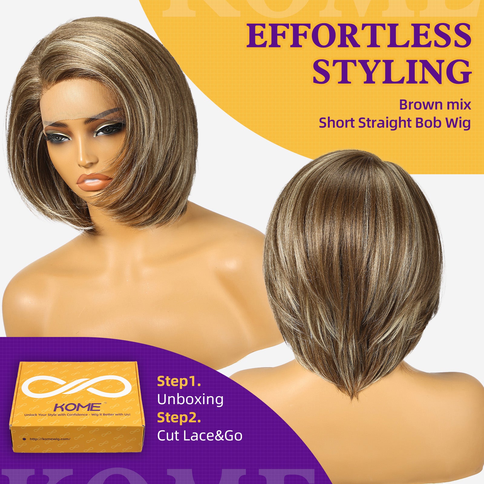 KOME Brown mix Blonde Synthetic Lace Front Wig,Side Part Short Layered Straight Glueless Bob Wig for White Women Daily Use 10IN (#F8/27/88)