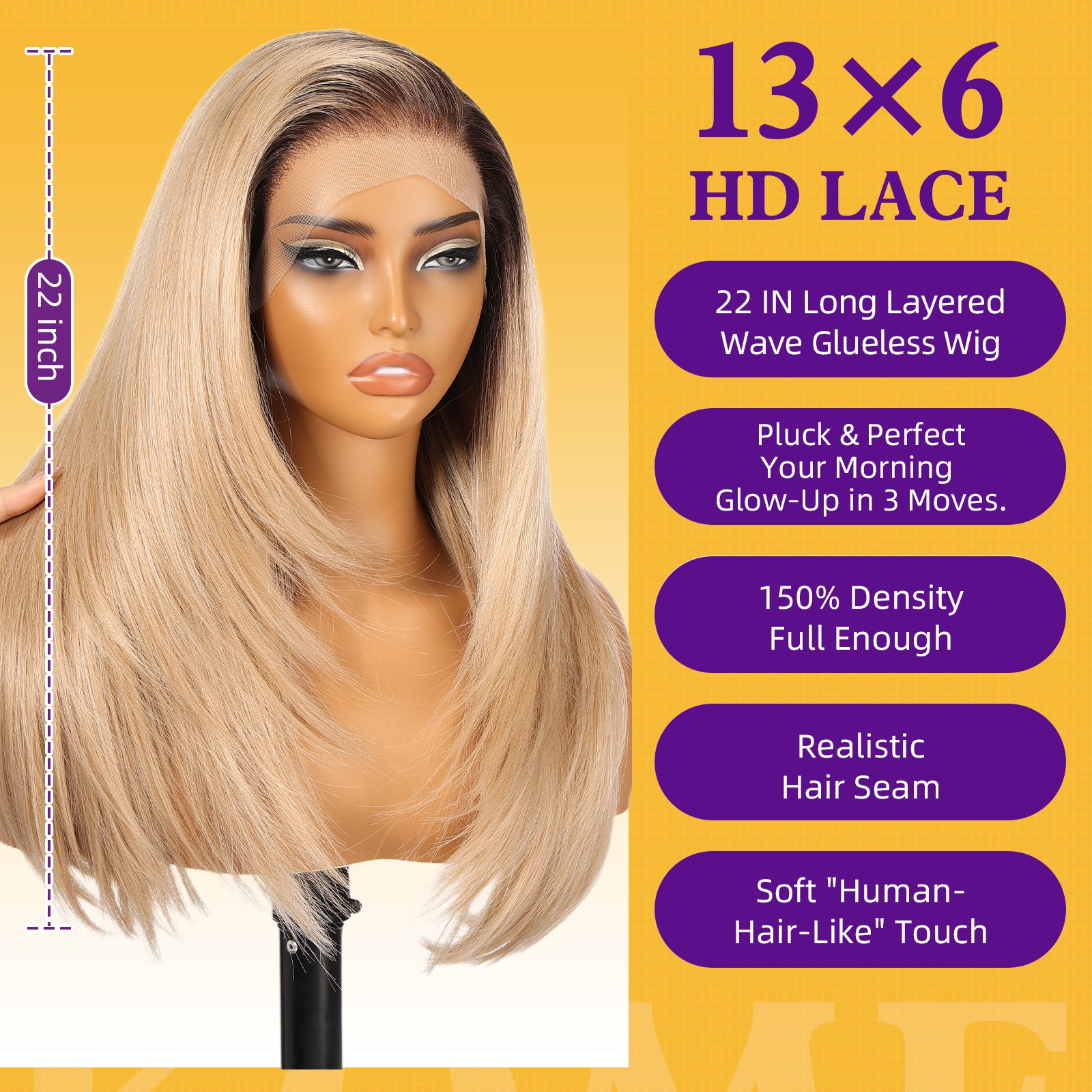 KOME Ombre Blonde Synthetic Lace Front Wig, 13X6 Long Straight Layered Glueless Wigs for Women Daily Use 22IN(#6/1062)