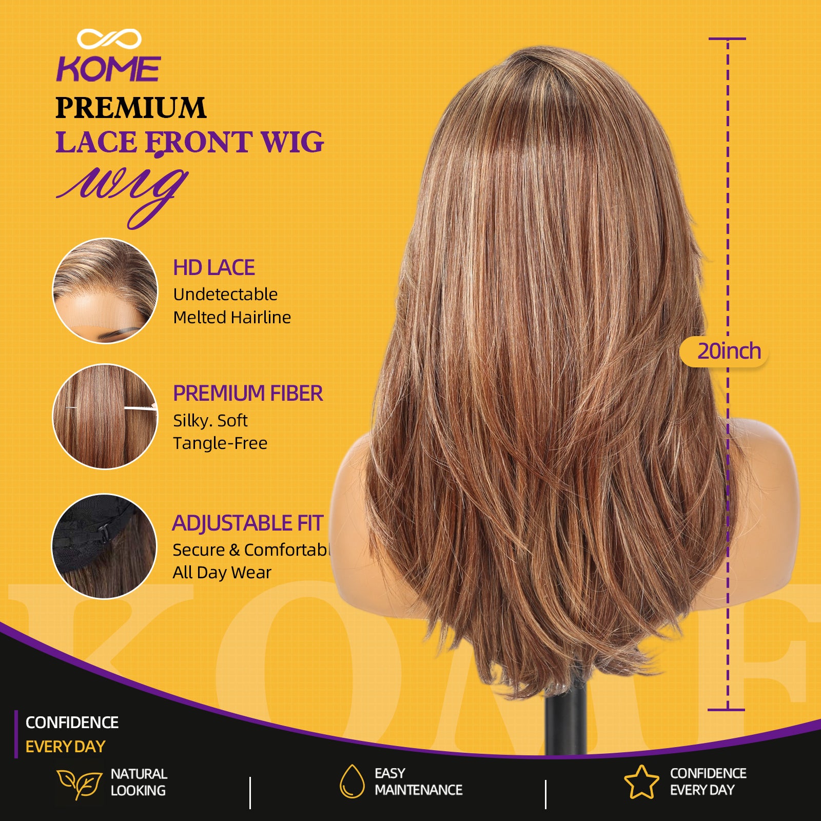 KOME Brown Mixed Synthetic Lace Front Wig, 13X4 HD Lace Glueless Long Layered Straight Wigs for Women Daily Use 20IN （#TT4/243）