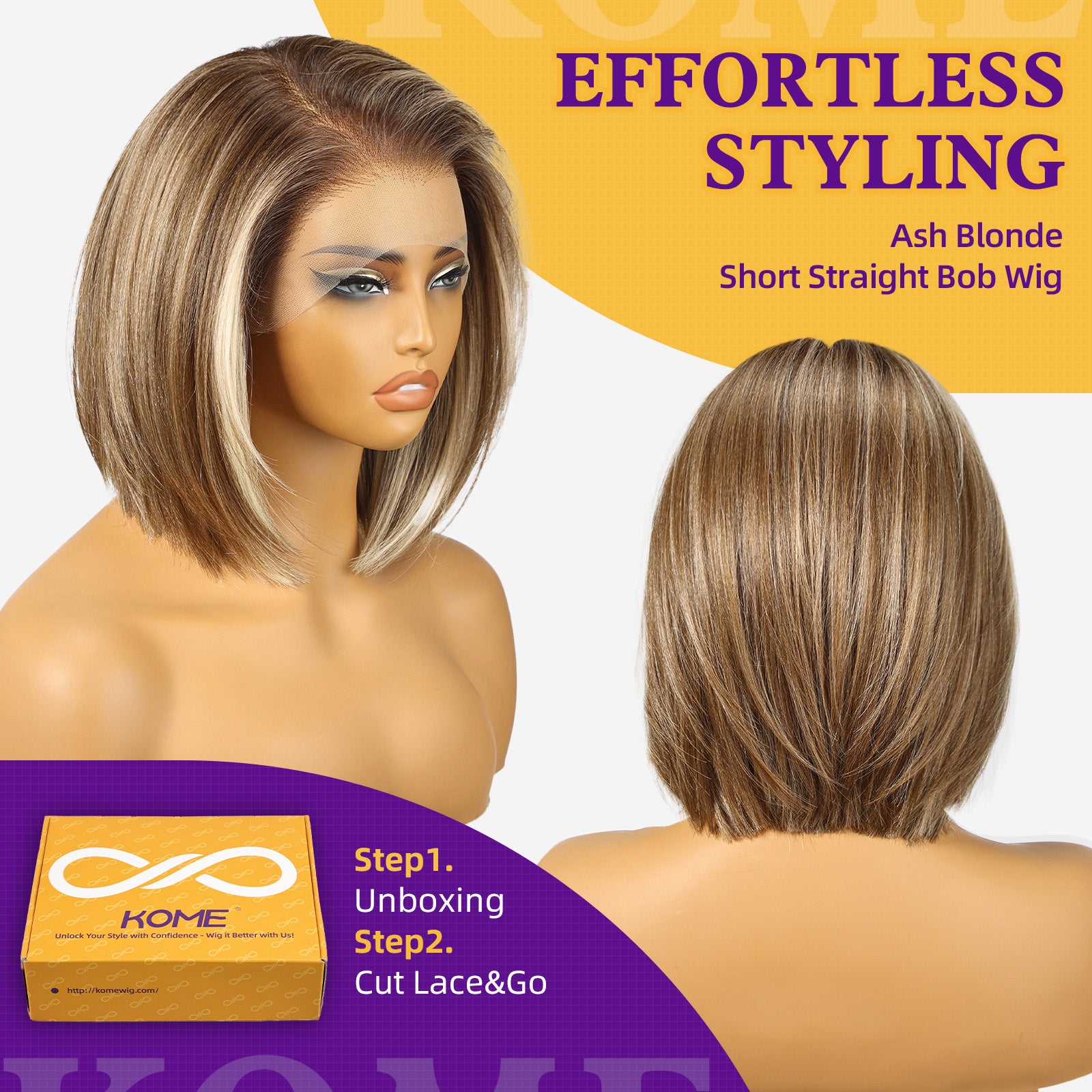 KOME Ash Blonde Highlight Synthetic Lace Front Wig,13×6 HD Short Straight Glueless Bob Wig for White Women Daily Use 12IN（#TT6/166）