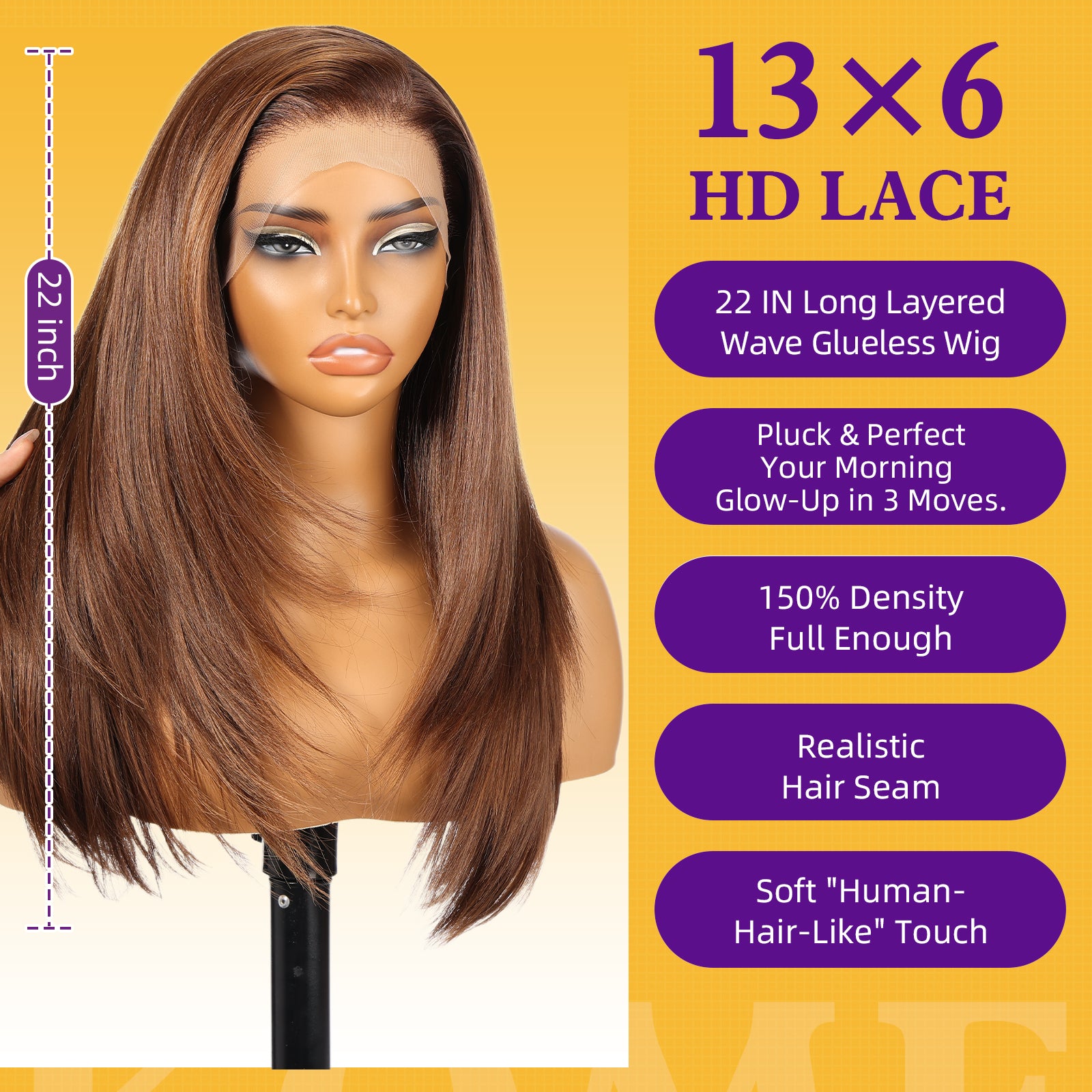 KOME Brown Synthetic Lace Front Wig, 13X6 Long Straight Layered Glueless Wigs for Women Daily Use 22IN(#TT4/6164)