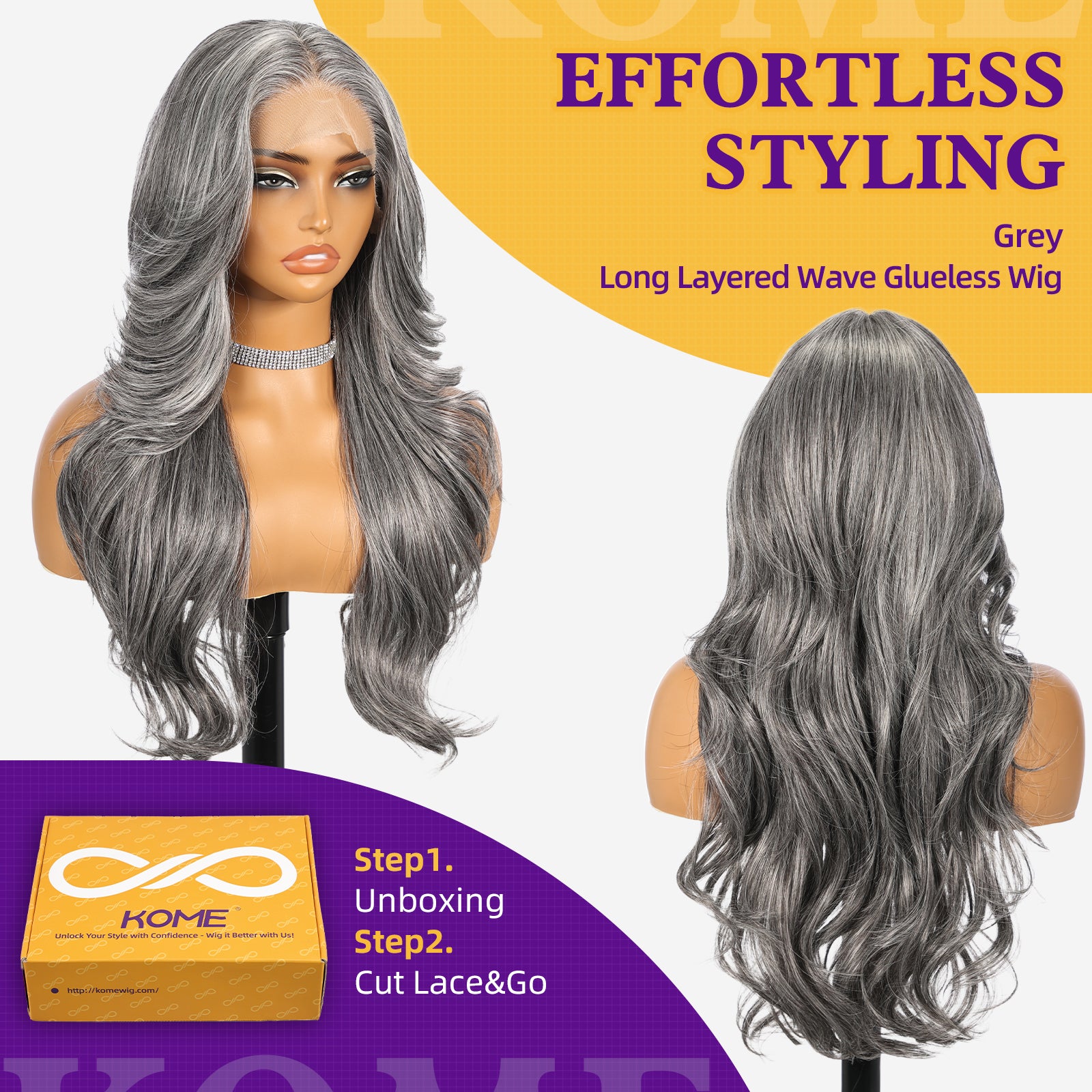 Grey Synthetic Lace Front Wig,13x4 HD Lace Long Layered Wave Glueless Wigs for Women Daily Use 26IN