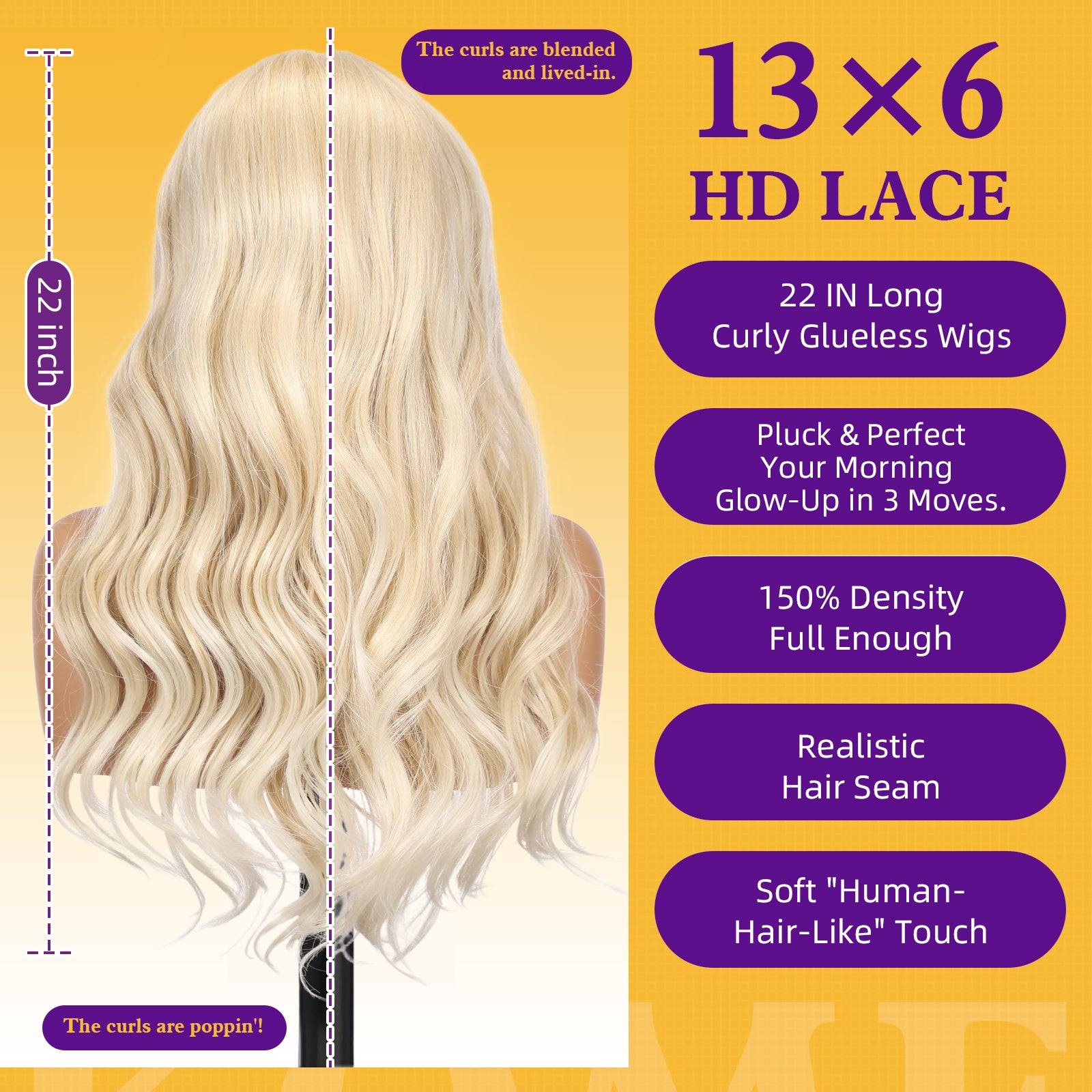 KOME Light Blonde Synthetic Lace Front Wig,13×6 Curly Glueless Wigs for Women Daily Use 22IN（#R10119）