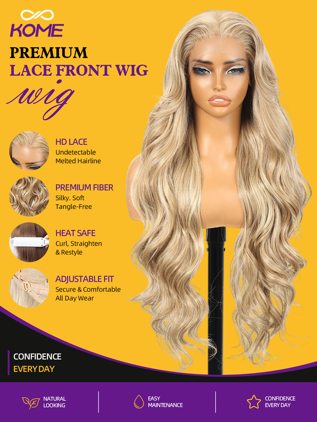 KOME Blonde Highlight Synthetic Lace Front Wig,13x4 HD Lace Glueless Long Body Wave Curly Wigs for Women Daily Party Use 30IN(#1413HL)