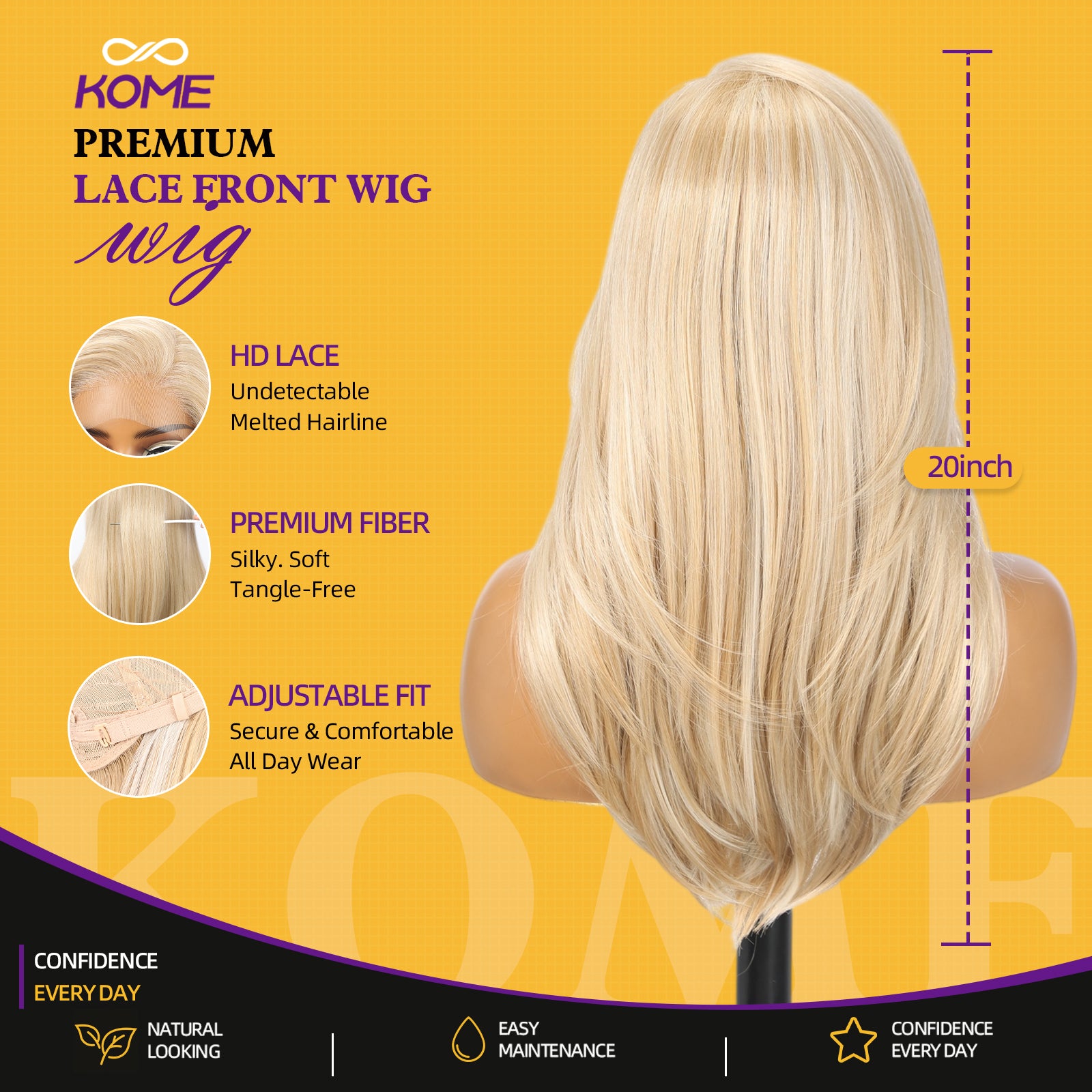 KOME Blonde Synthetic Lace Front Wig, 13X4 HD Lace Glueless Long Layered Straight Wigs for Women Daily Use 20IN （#K16B88）