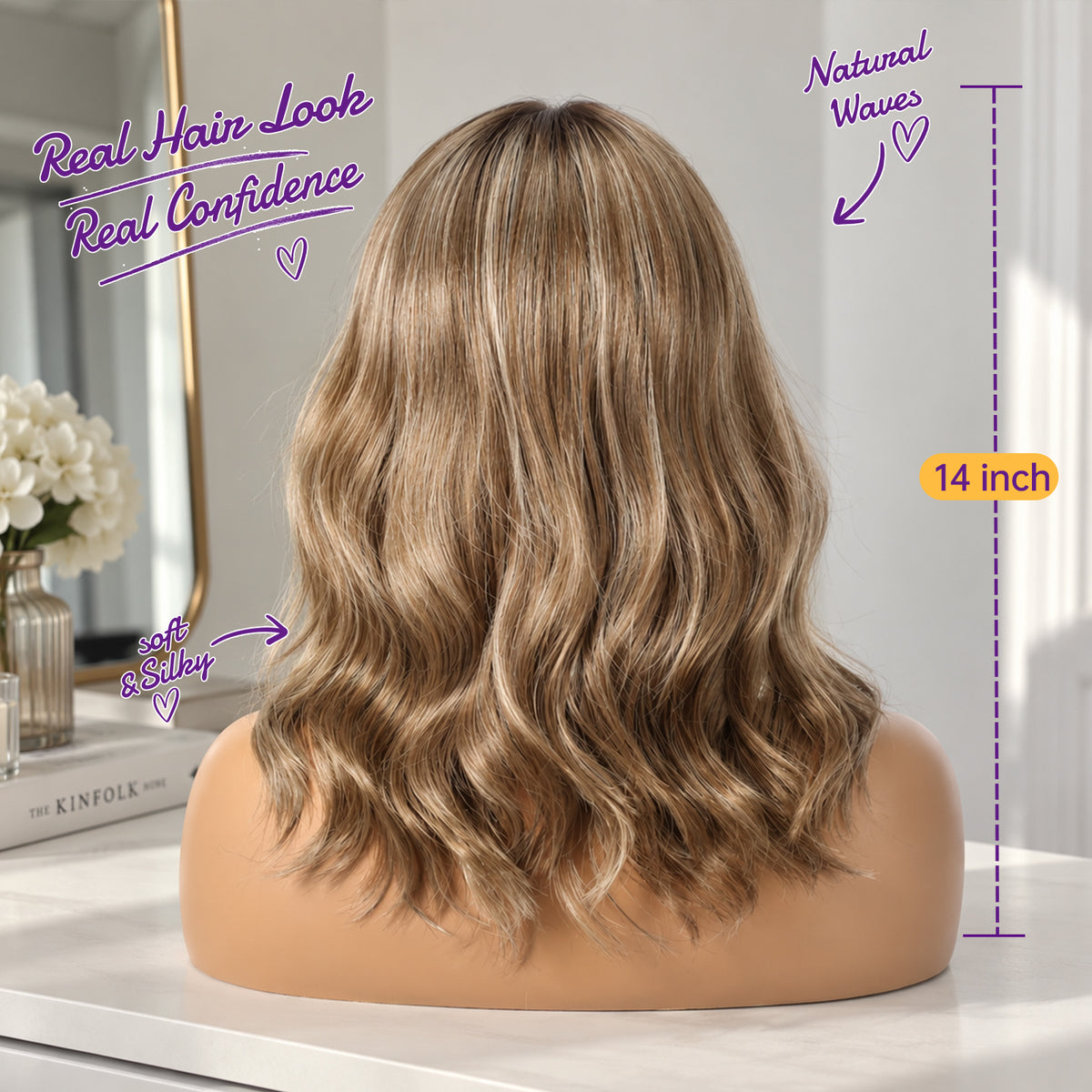 KOME Brown Highlight 13X4 Synthetic Lace Front Wigs for Women 14IN