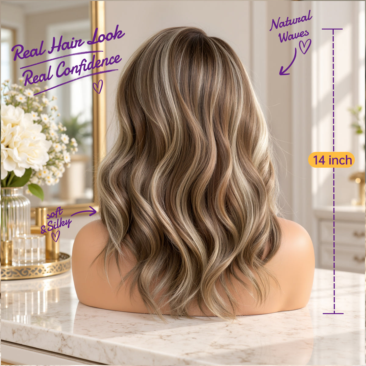 KOME Brown Highlight Synthetic Lace Front Wig,Shoulder Length Short Glueless Bob Wig,T Part Curly Lace Wigs for Women Daily Use 16IN