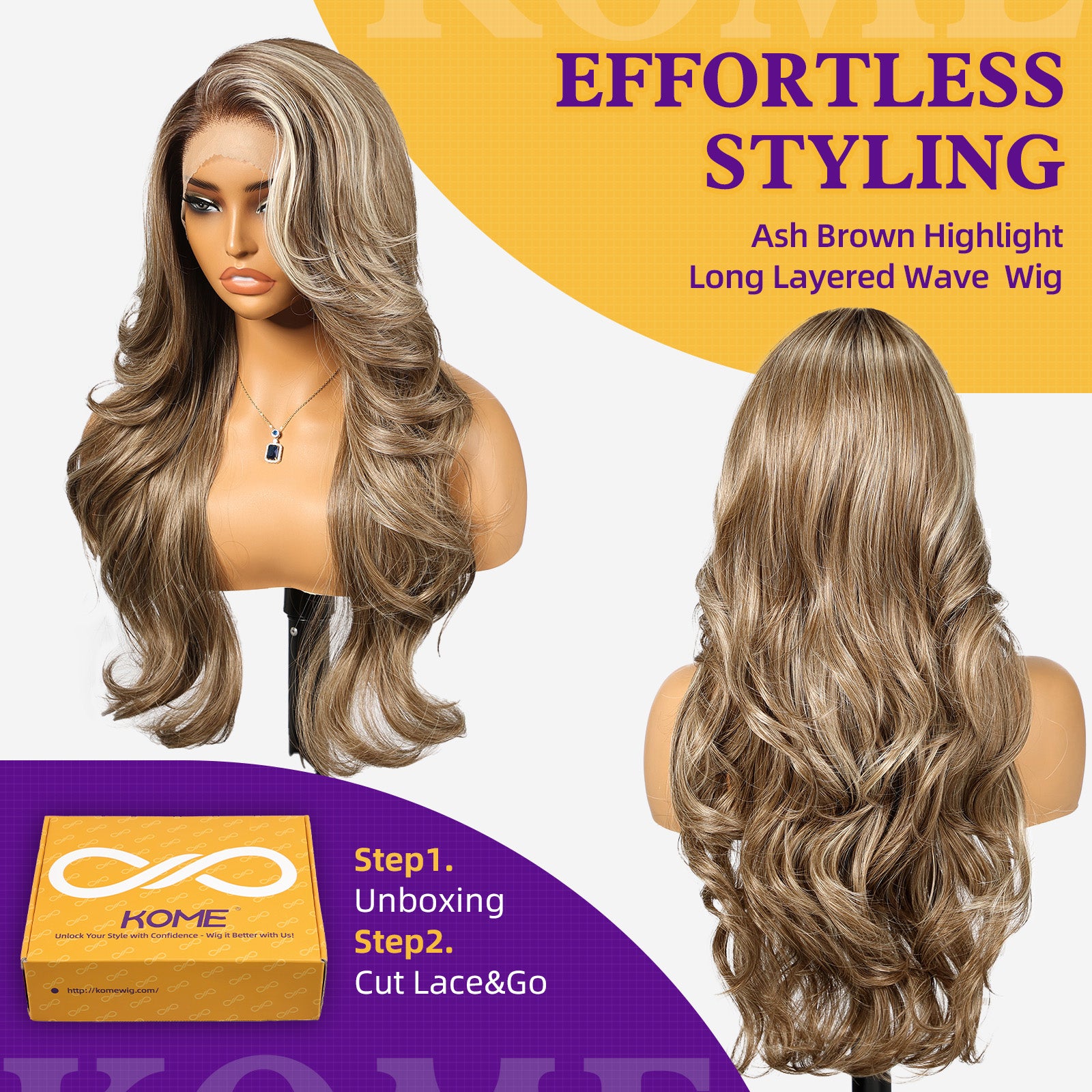KOME Ash Brown Highlight Synthetic Lace Front Wig,13x4 HD Lace Layered Wave Glueless Wigs for Women Daily Use 26IN