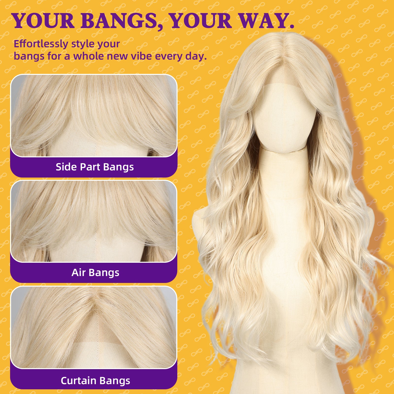 KOME Blonde Synthetic Lace Front Wig,T Part Glueless Long Body Wavy Wigs With Bangs for Women Cosplay Daily Use 28IN(#R10119)