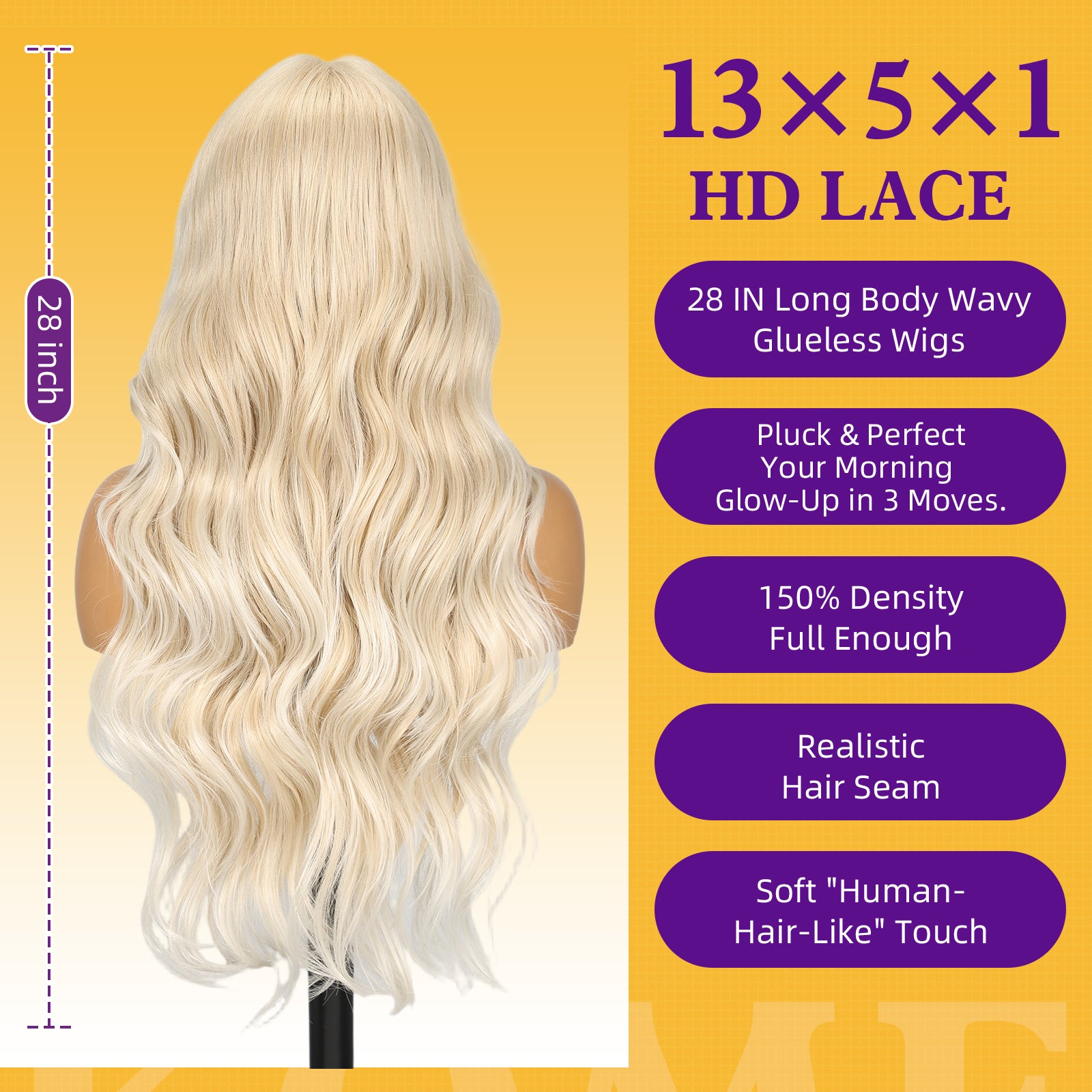 KOME Blonde Synthetic Lace Front Wig,T Part Glueless Long Body Wavy Wigs With Bangs for Women Cosplay Daily Use 28IN(#R10119)