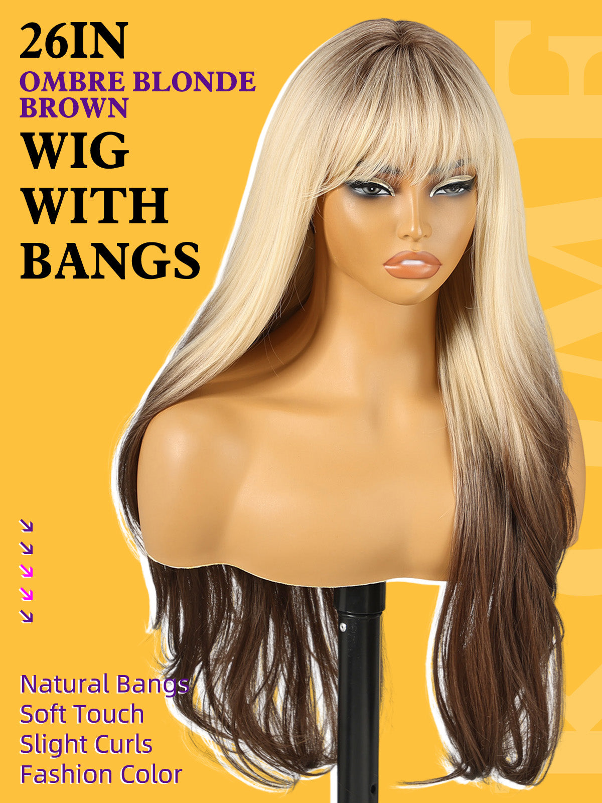 Ombre Blonde Brown Wigs with Bangs,Blonde Layered Wig for Women,Long Wavy Wigs Synthetic Hair Wig for Party Daily Use 26IN
