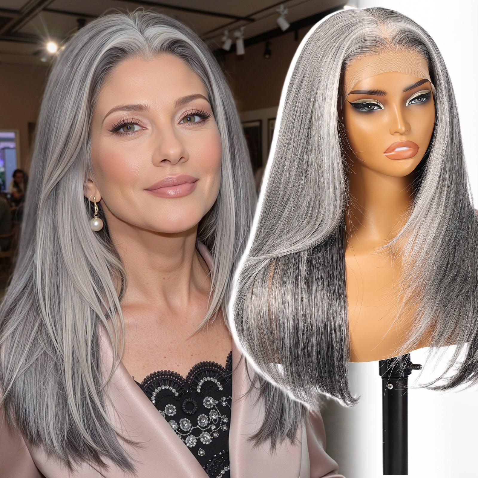 KOME Grey Mixed Synthetic Lace Front Wig, 13X6 Long Straight Layered Glueless Wigs for Women Daily Use 22IN(#2/606HL)