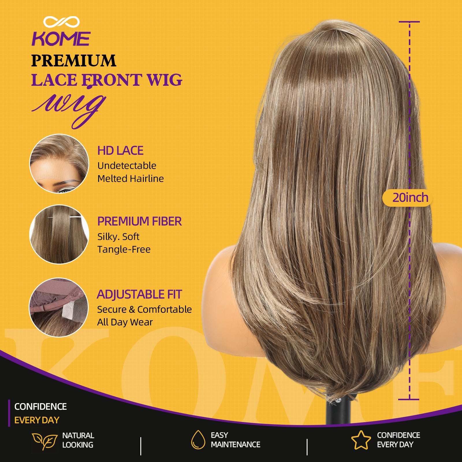 KOME Ash Brown Synthetic Lace Front Wig, 13X4 HD Lace Glueless Long Layered Straight Wigs for Women Daily Use 20IN （#F8/27/88）
