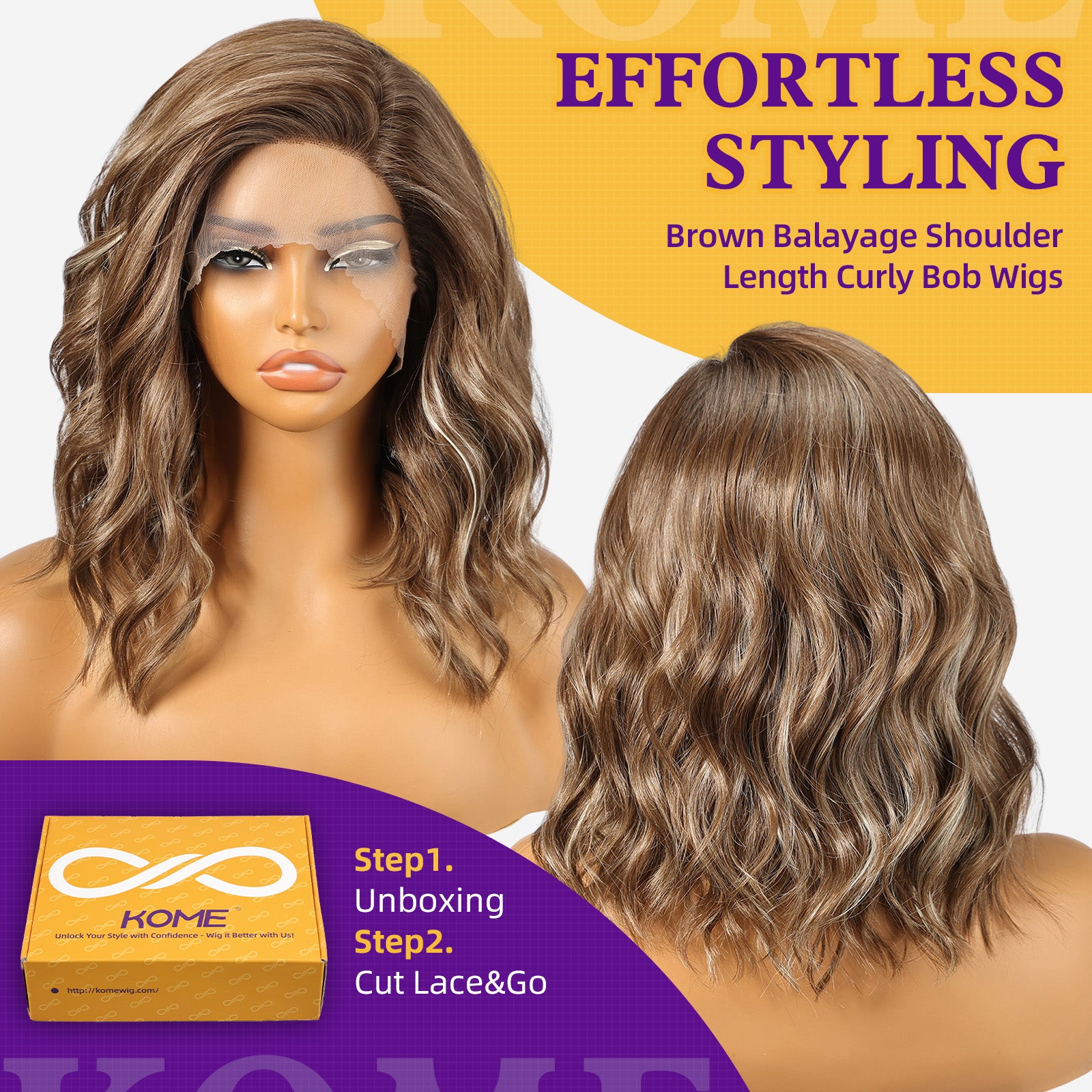 KOME Brown Balayage Synthetic Lace Front Wig,Short Curly Bob Wig,Shoulder Length Wig for Women Daily Use 14IN