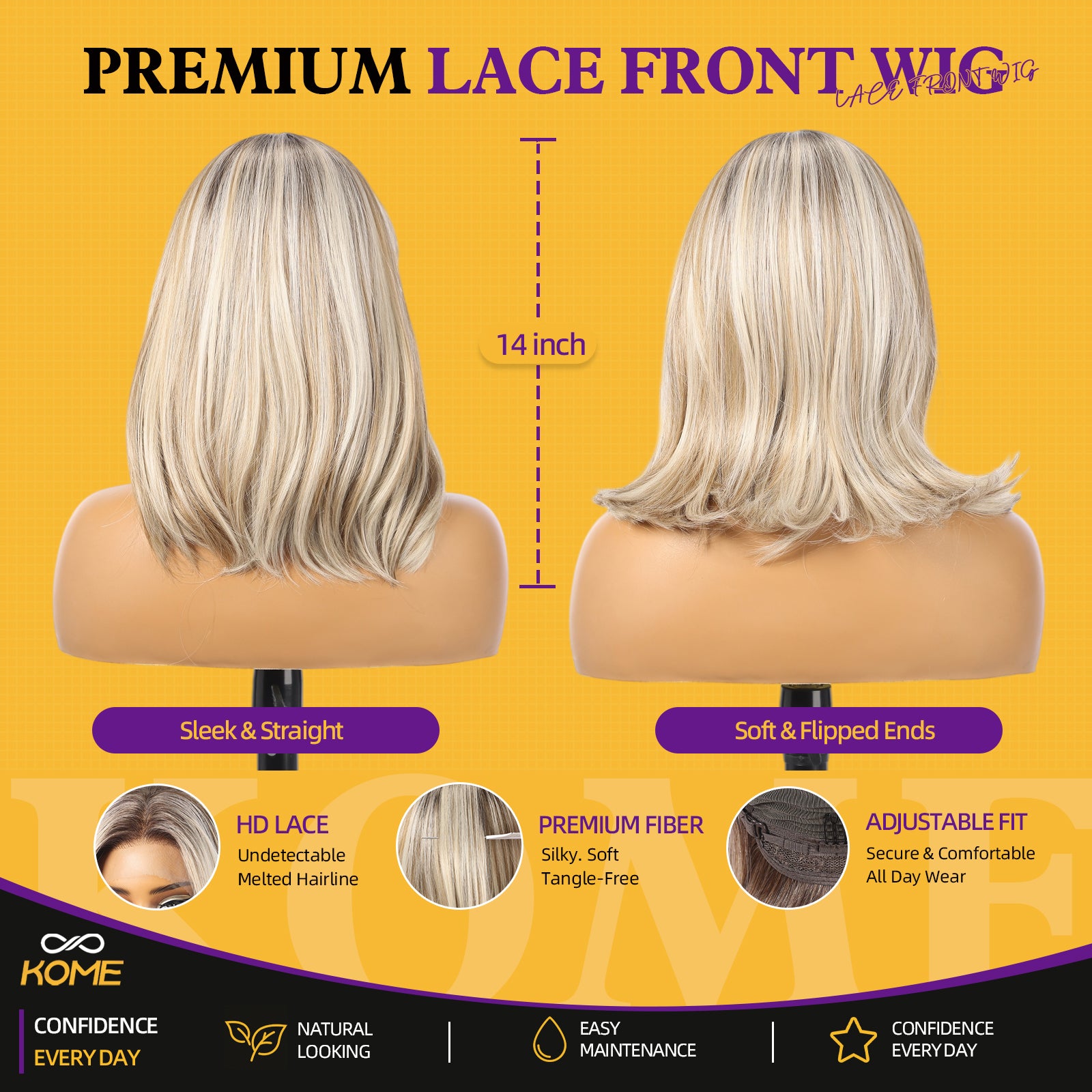 KOME Ombre Blonde Highlight Bob 13×6 Synthetic Lace Front Wig 14IN
